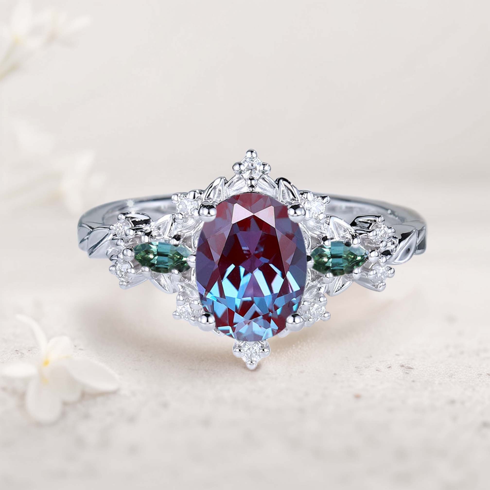 Vintage Briar Rose Oval Lab Alexandrite and Tear Moissanite 18K White Gold Engagement Ring Vine Ring
