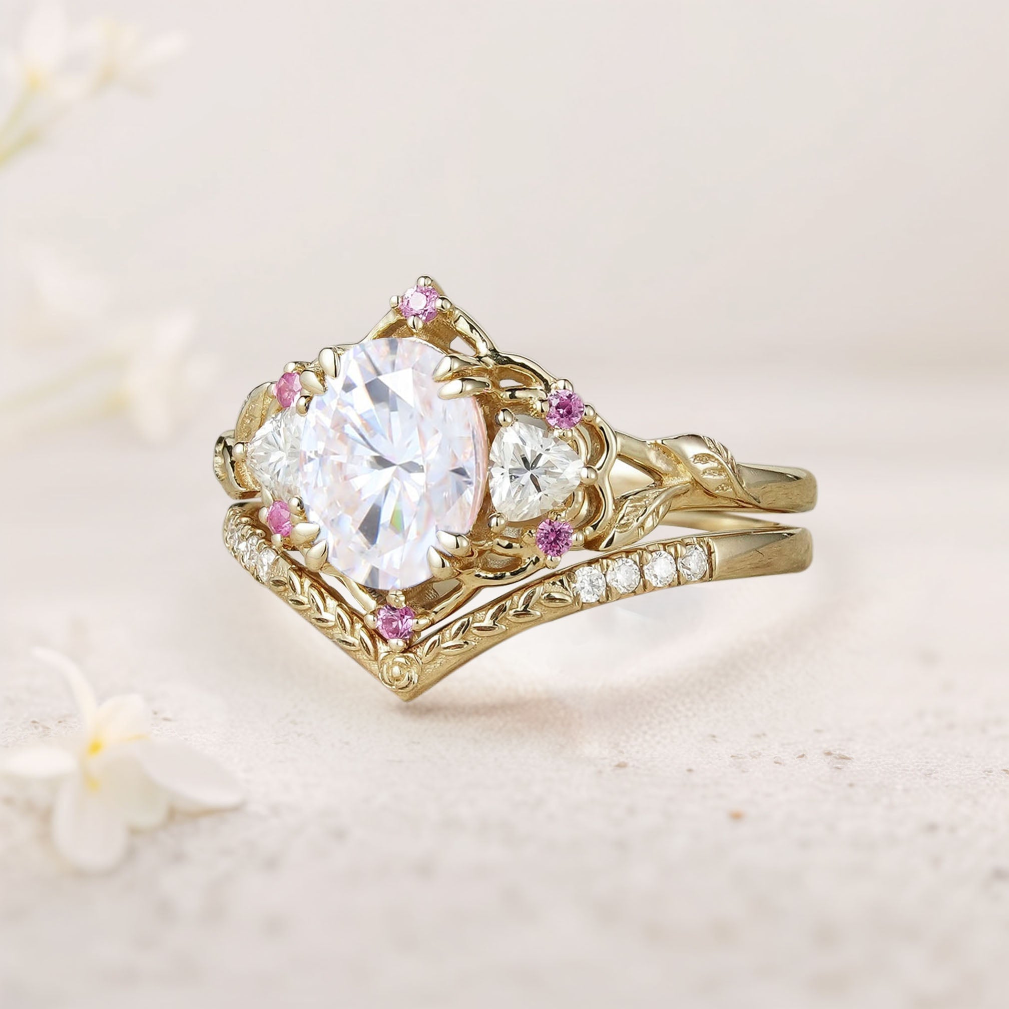 Vintage Three Stone Oval Moissanite18K Yellow Gold Bridal Ring Set