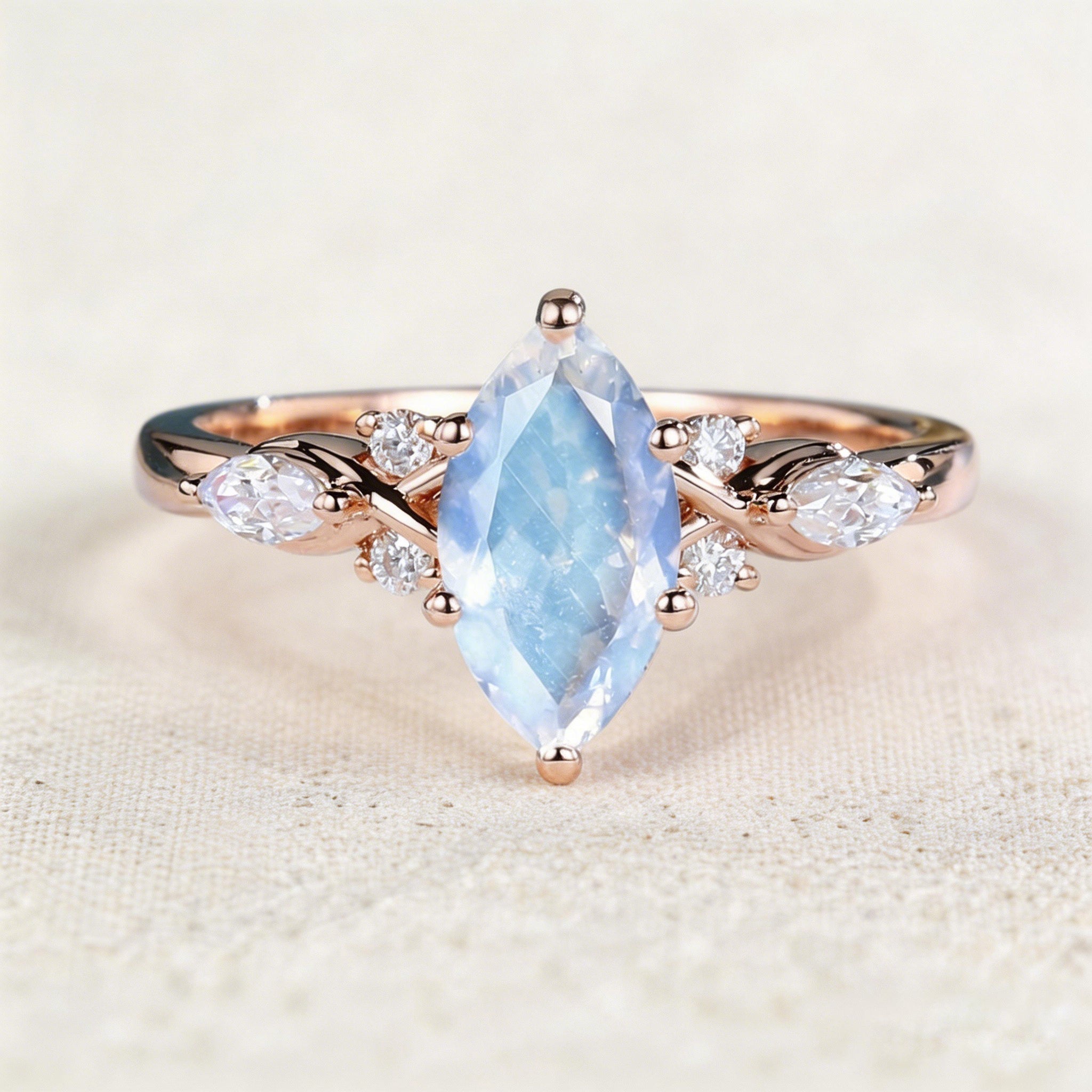 Unique Marquise Lab Moonstone Twist Ring Engagement Ring - Oore Jewelry