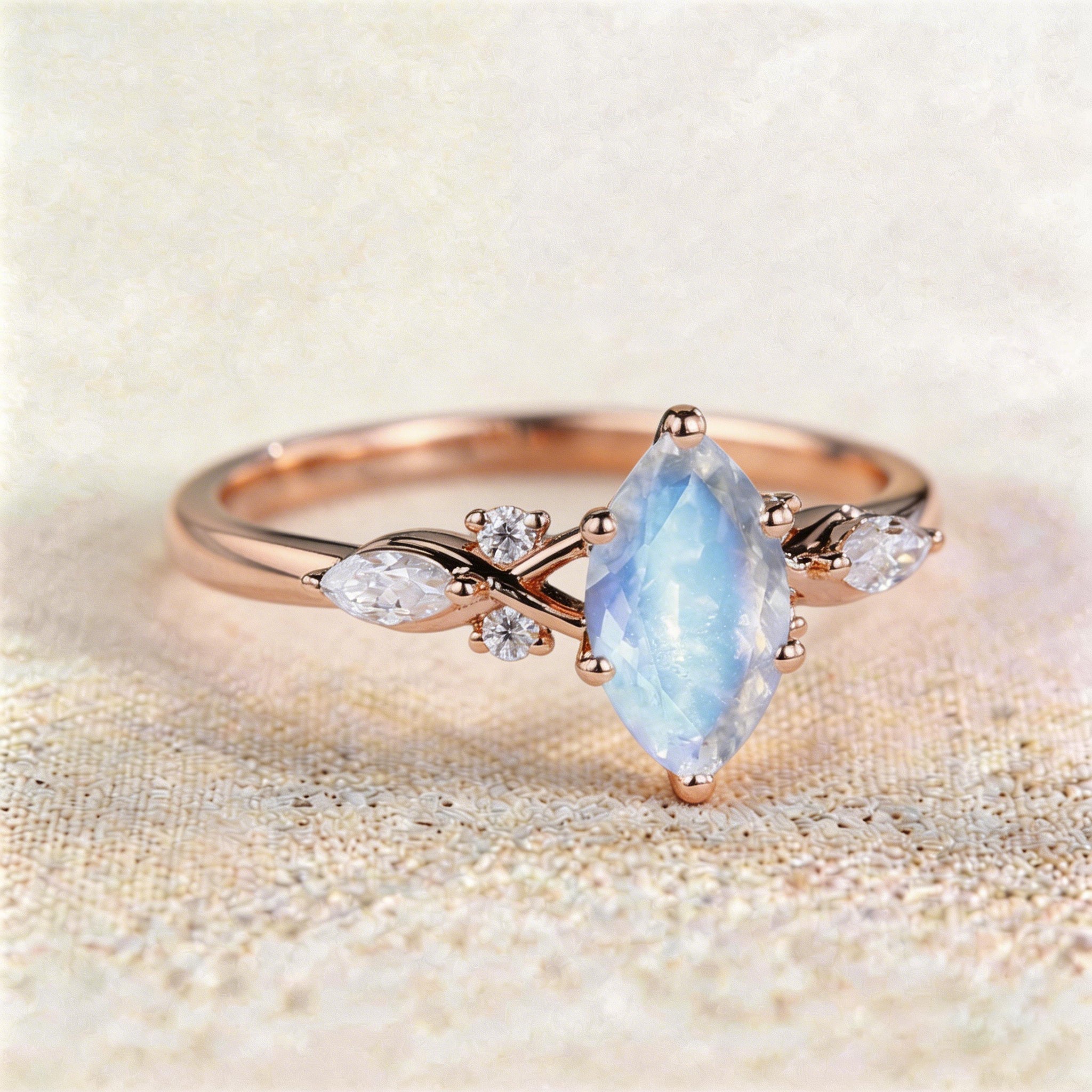 Unique Marquise Lab Moonstone Twist Ring Engagement Ring - Oore Jewelry