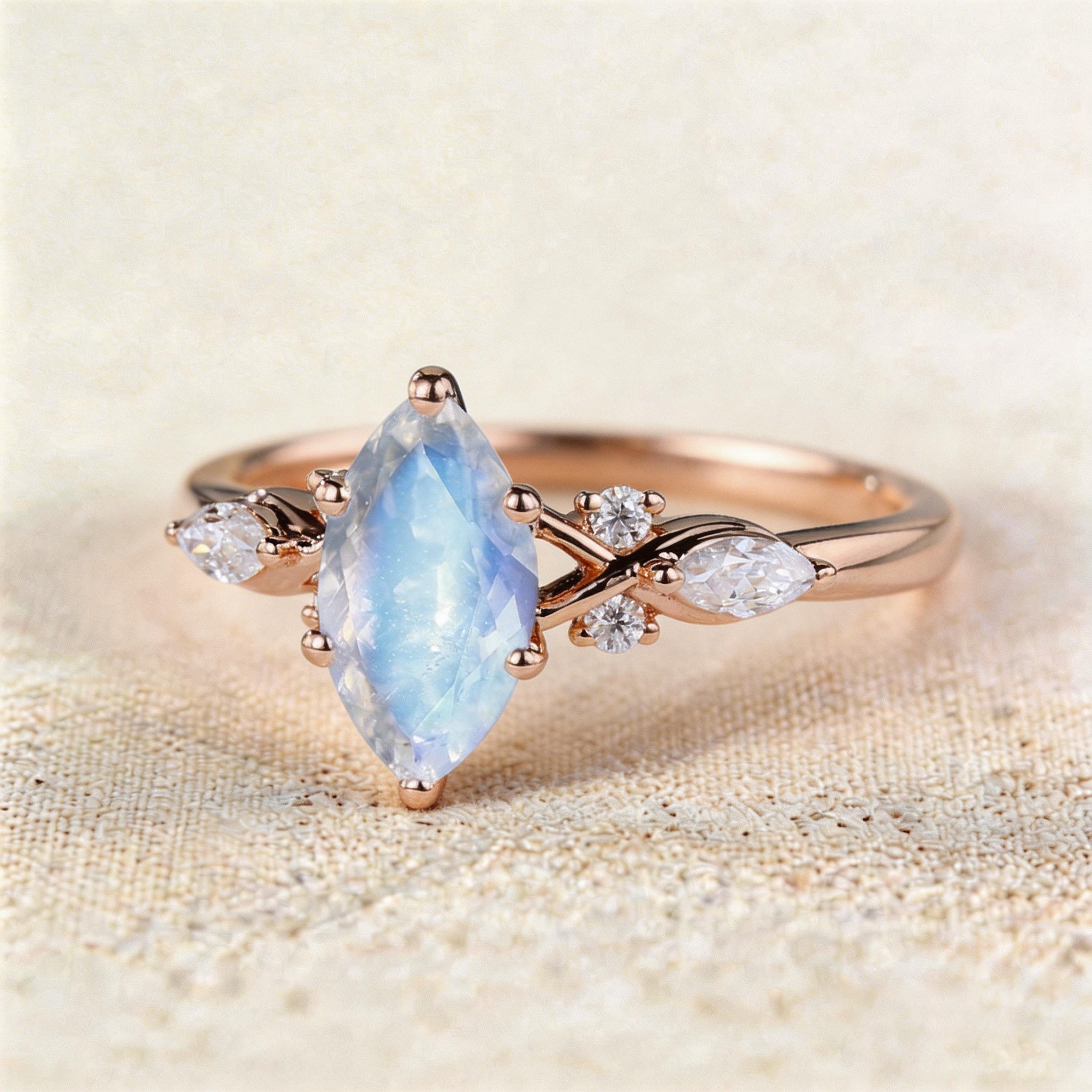 Unique Marquise Lab Moonstone Twist Ring Engagement Ring - Oore Jewelry