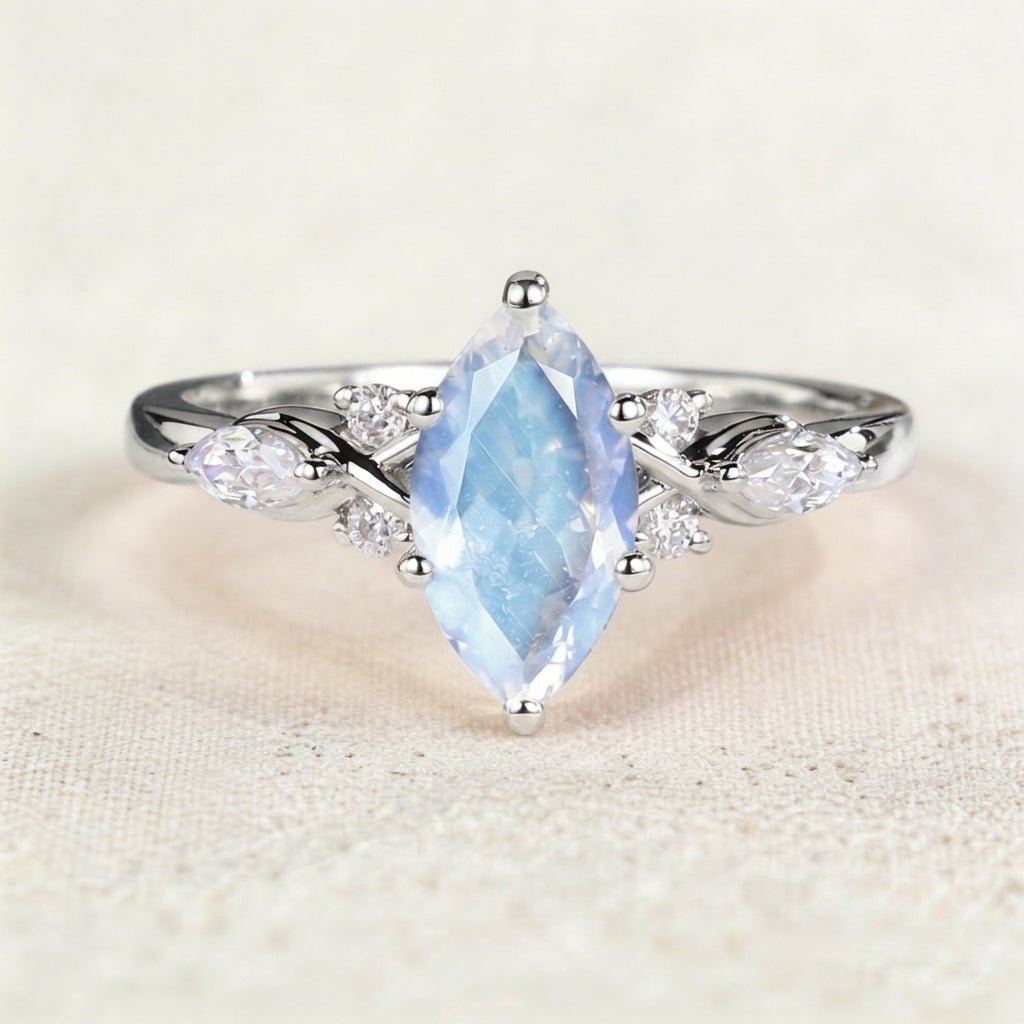 Unique Marquise Lab Moonstone Twist Ring Engagement Ring - Oore Jewelry