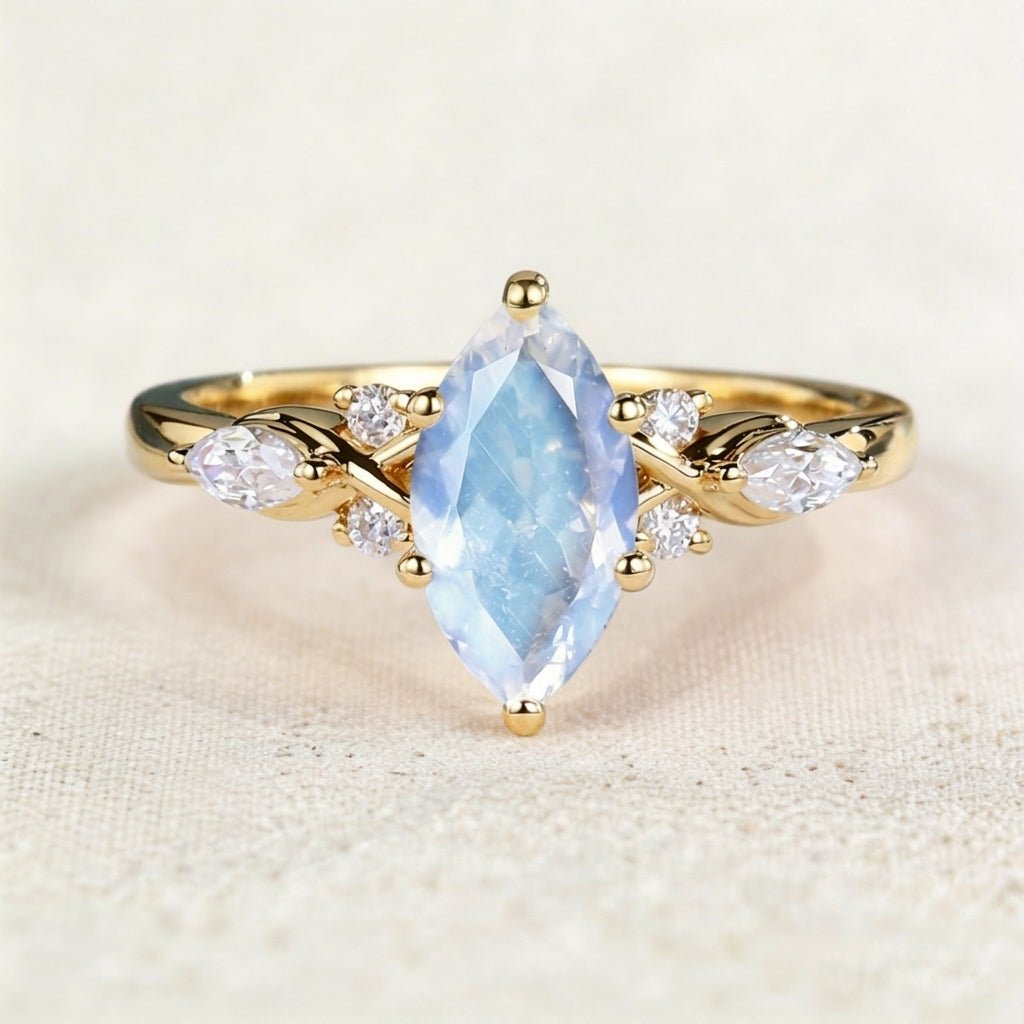 Unique Marquise Lab Moonstone Twist Ring Engagement Ring - Oore Jewelry