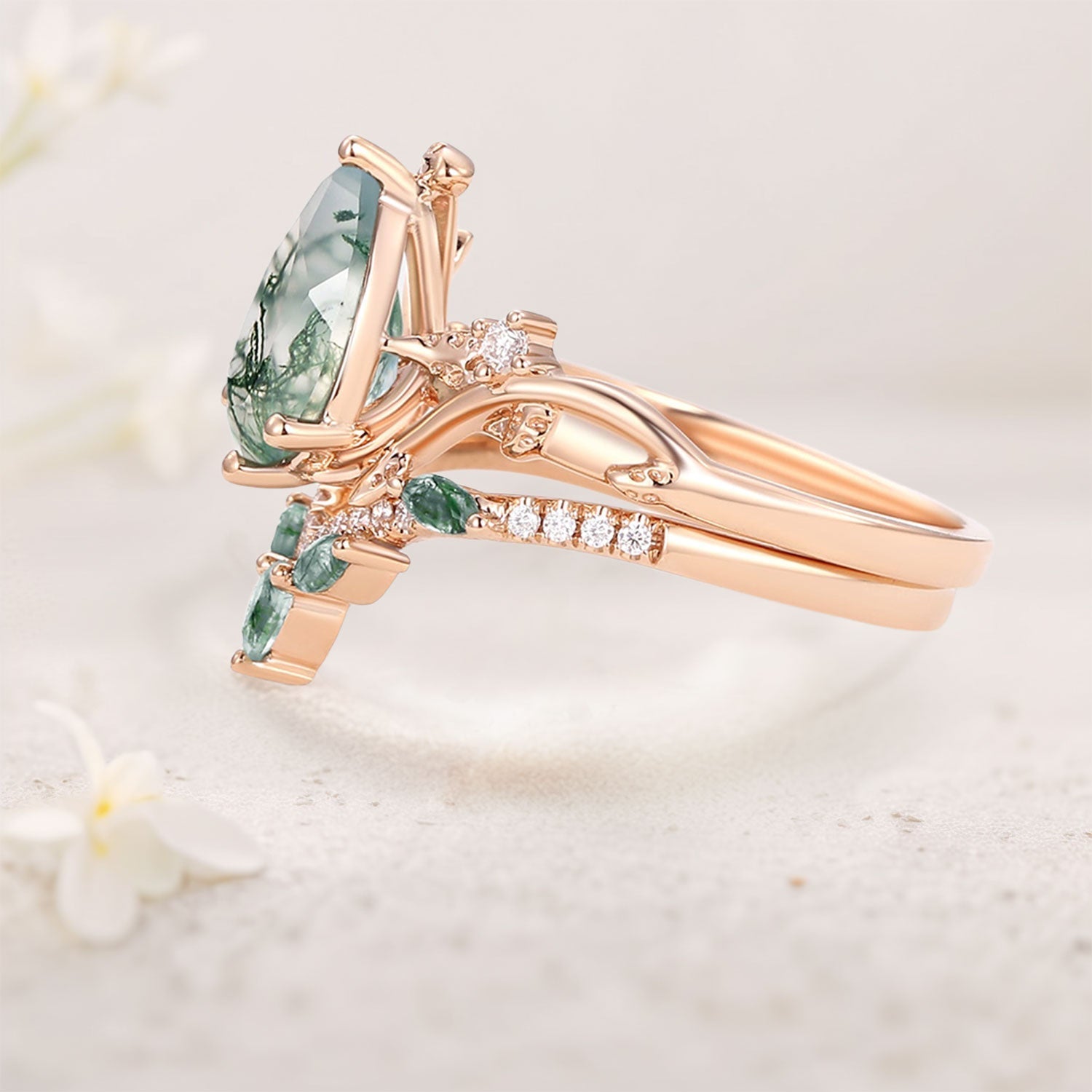Unique Pear Moss Agate Vine 18K Yellow Gold Engagement Ring Set