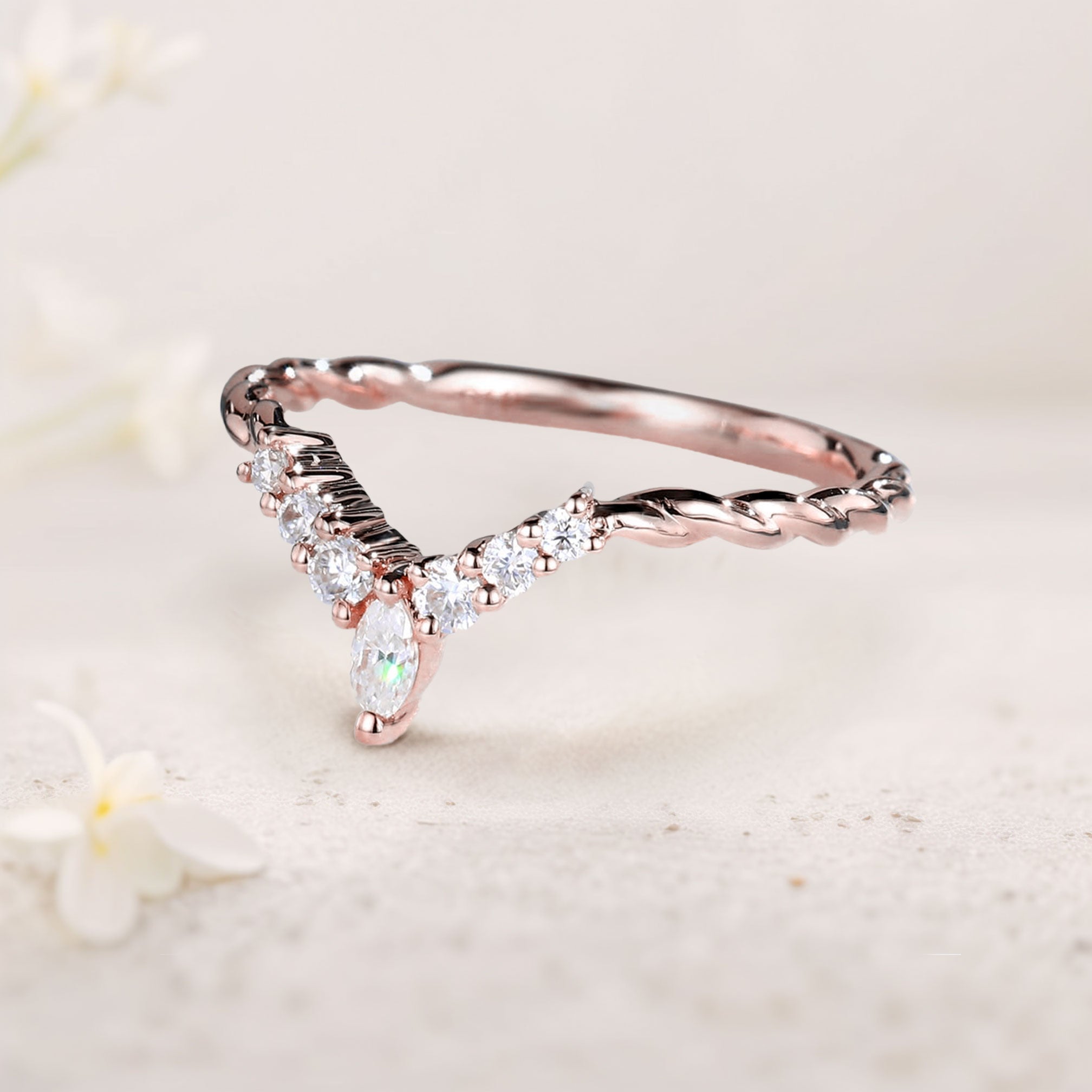 Unique Eternity Twisted Marquise Moissanite Curved Matching 18K Rose Gold Wedding Band