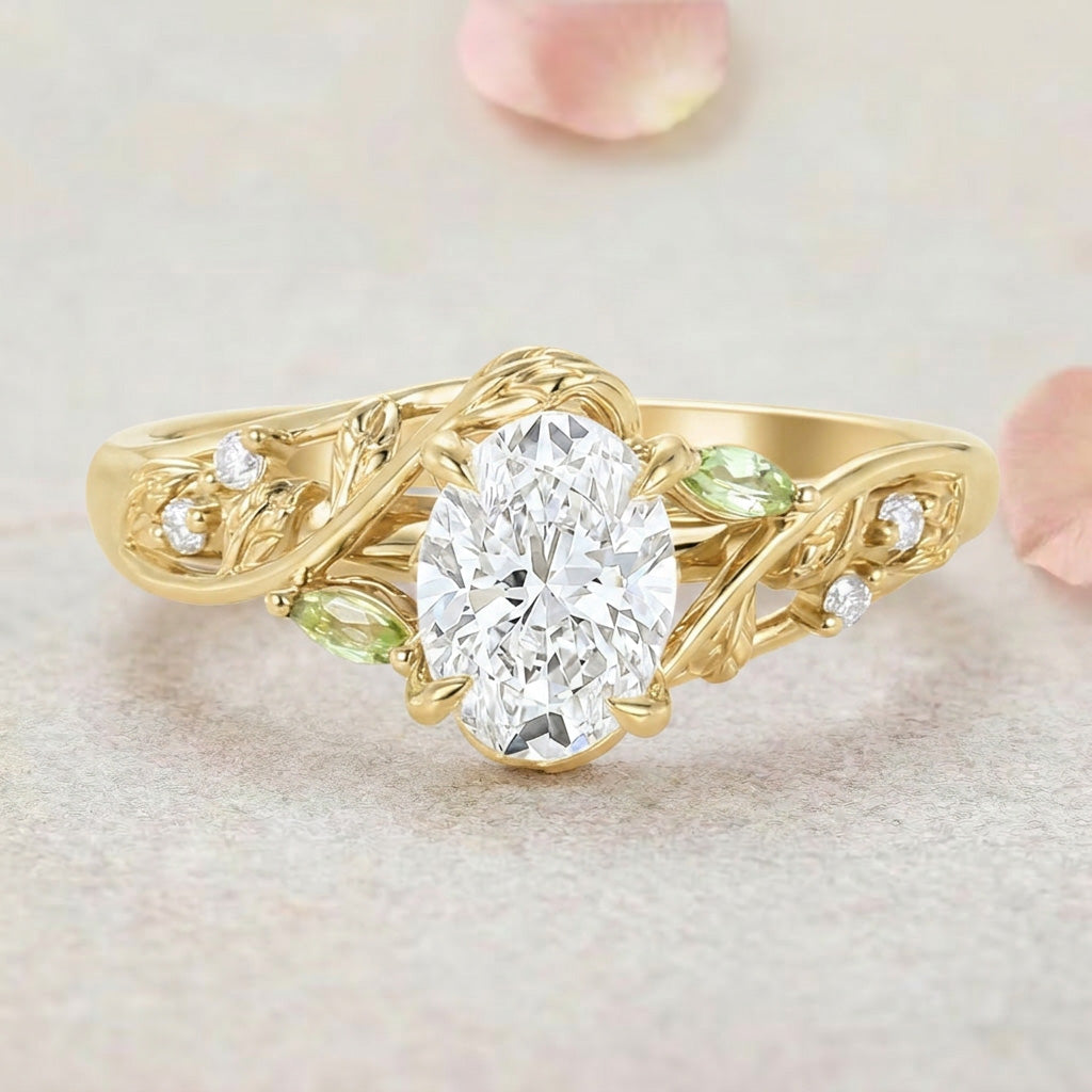 Vintage Garden-themed Oval Lab Grown Diamond 14K Yellow Gold Engagement Ring