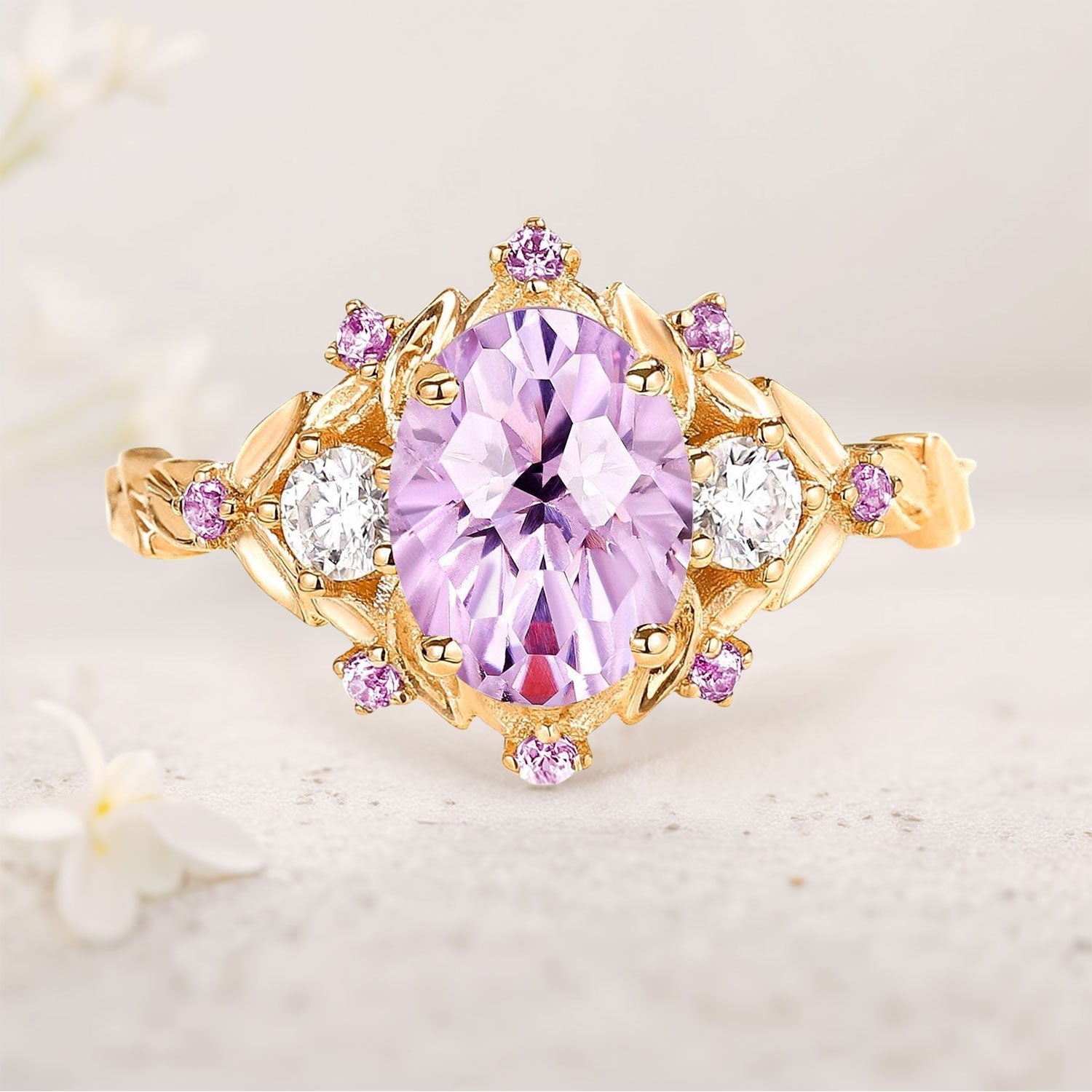 Unique Natural Firework Cut Amethyst Leaf Engagement Ring Dainty Amethyst Flower Cluster 18K Yellow Gold Wedding Ring Promise Ring For Her
