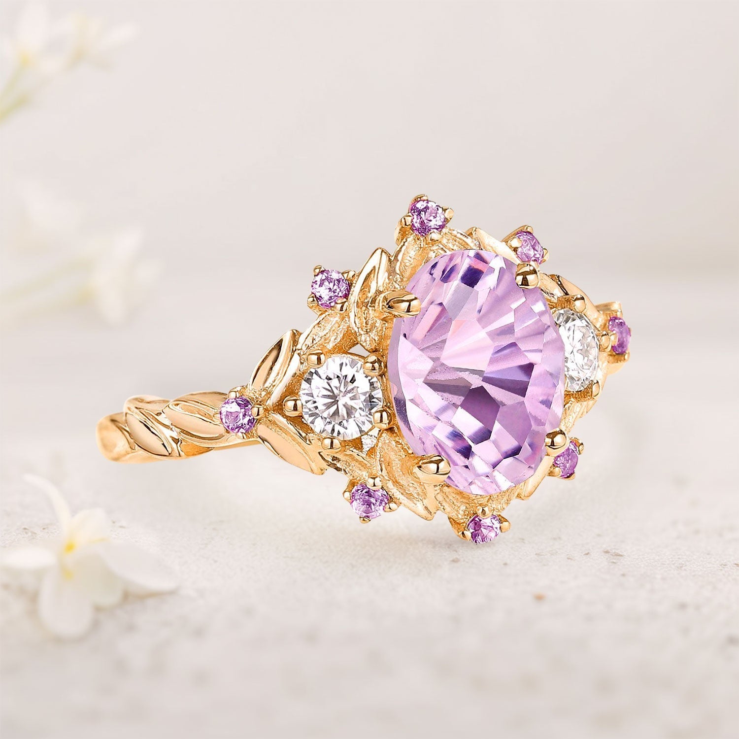 Unique Natural Firework Cut Amethyst Leaf Engagement Ring Dainty Amethyst Flower Cluster 18K Yellow Gold Wedding Ring Promise Ring For Her