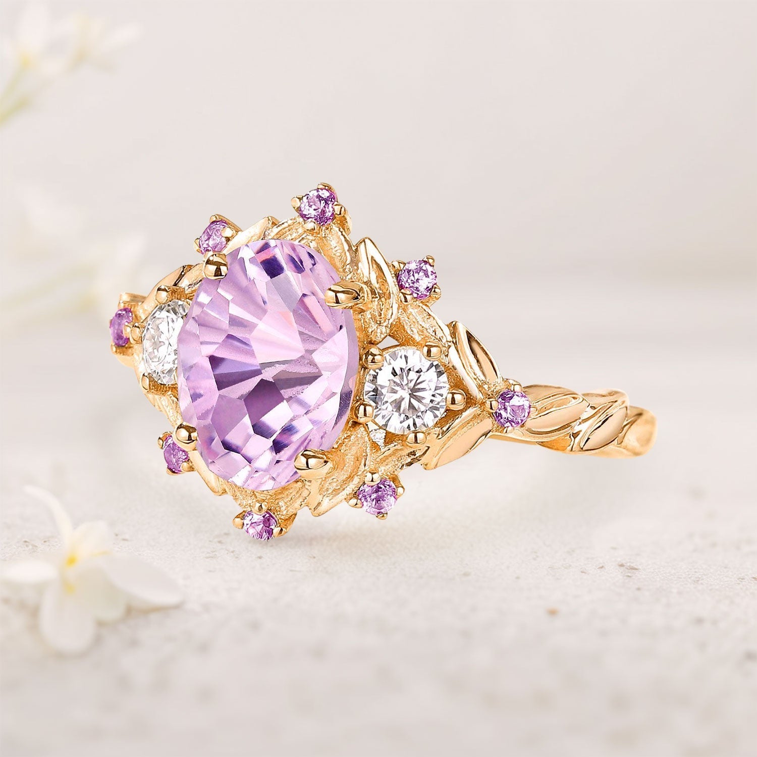 Unique Natural Firework Cut Amethyst Leaf Engagement Ring Dainty Amethyst Flower Cluster 18K Yellow Gold Wedding Ring Promise Ring For Her