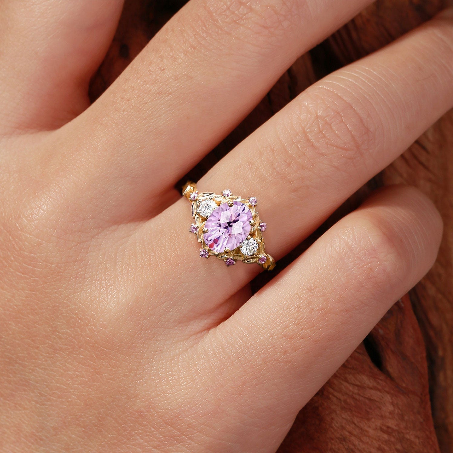 Unique Natural Firework Oval Cut Amethyst Leaf Engagement Ring Dainty Amethyst Flower Cluster 18K Yellow Gold Wedding Ring