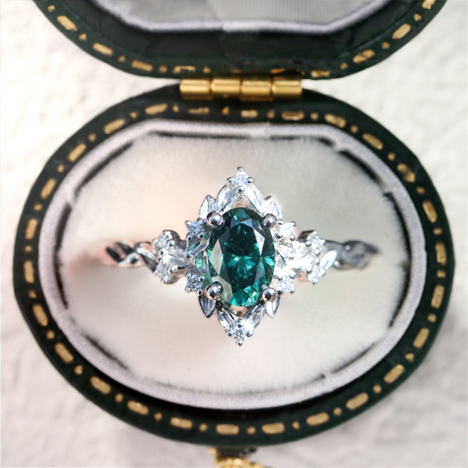 Unique Briar Rose Halo Oval Green Lab Sapphire Engagement Ring - Oore Jewelry