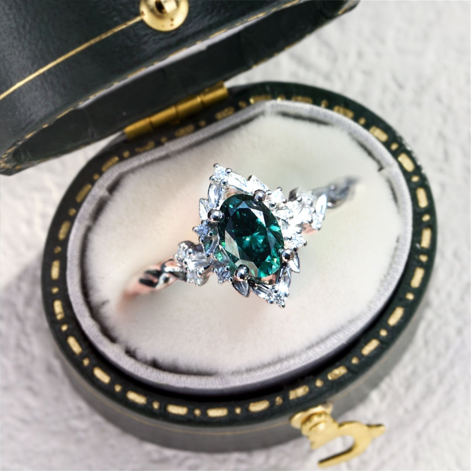 Unique Briar Rose Halo Oval Green Lab Sapphire Engagement Ring - Oore Jewelry