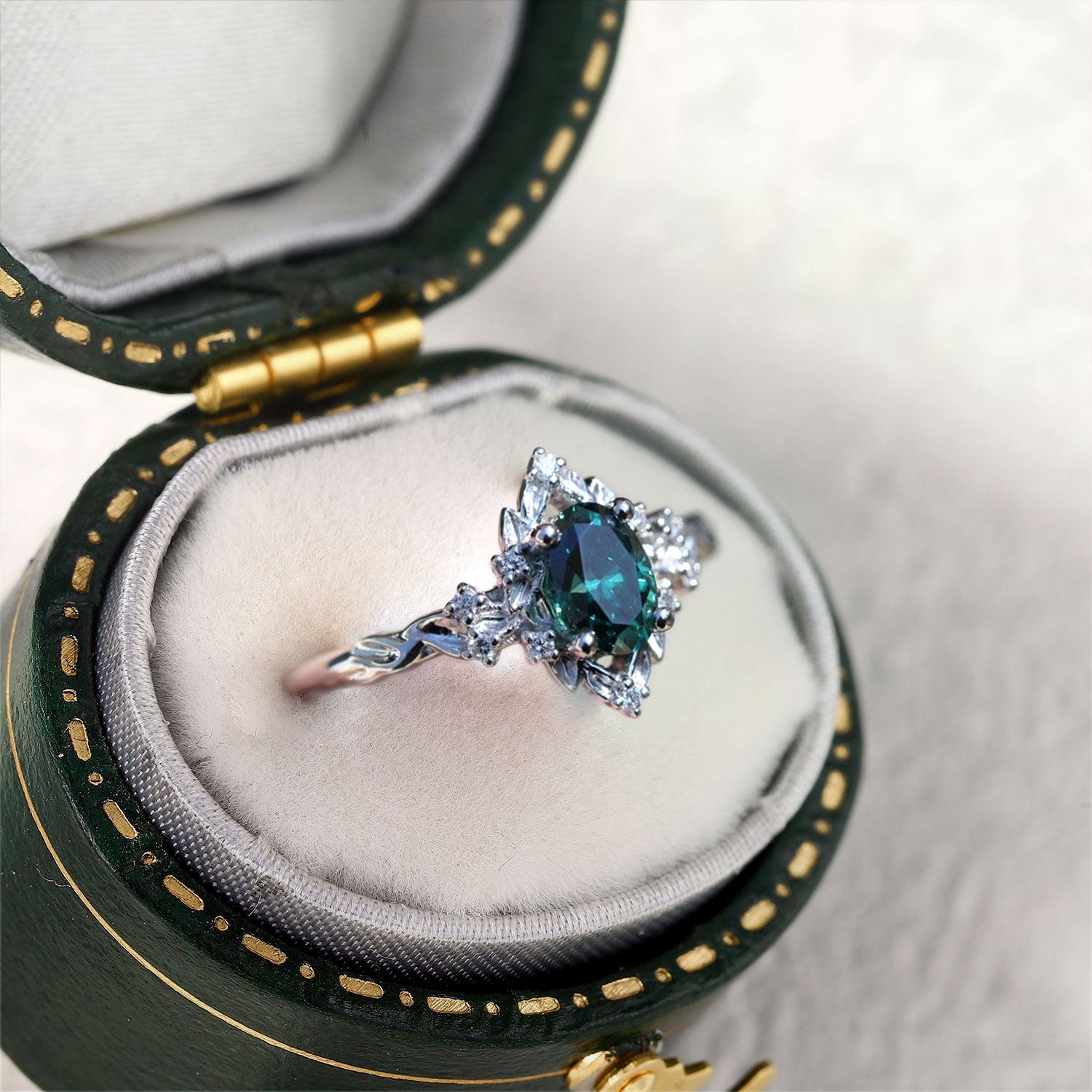 Unique Briar Rose Halo Oval Green Lab Sapphire Engagement Ring - Oore Jewelry