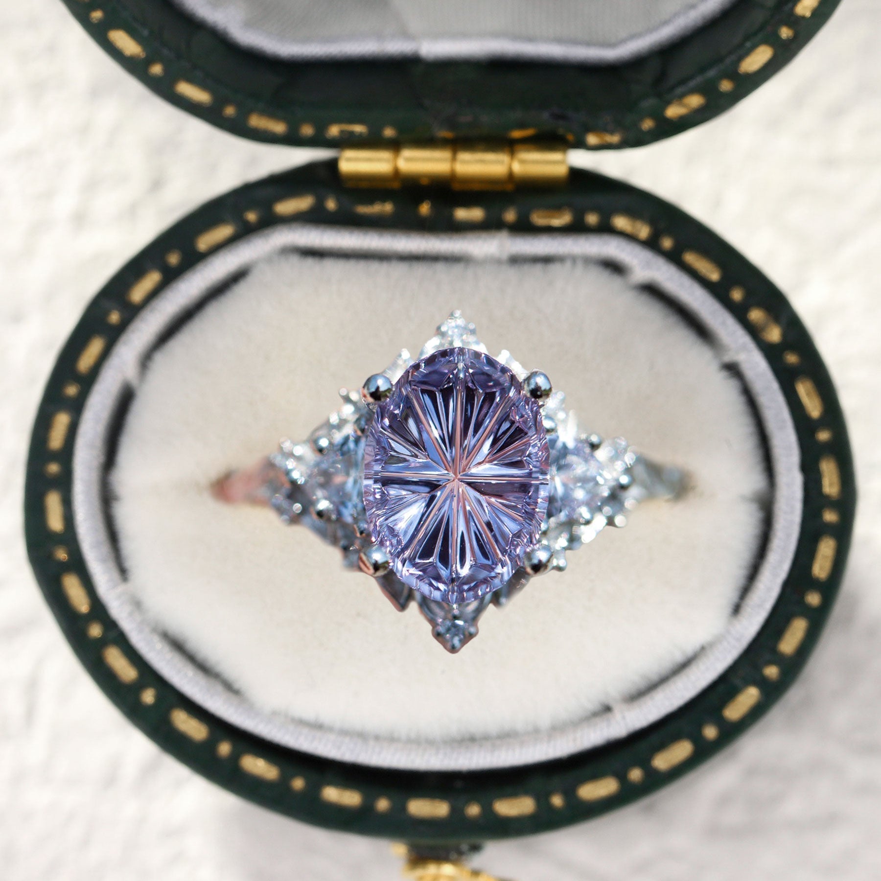 Vintage Briar Rose Three Stone Oval Purple Lab Sapphire 10k white gold Ring