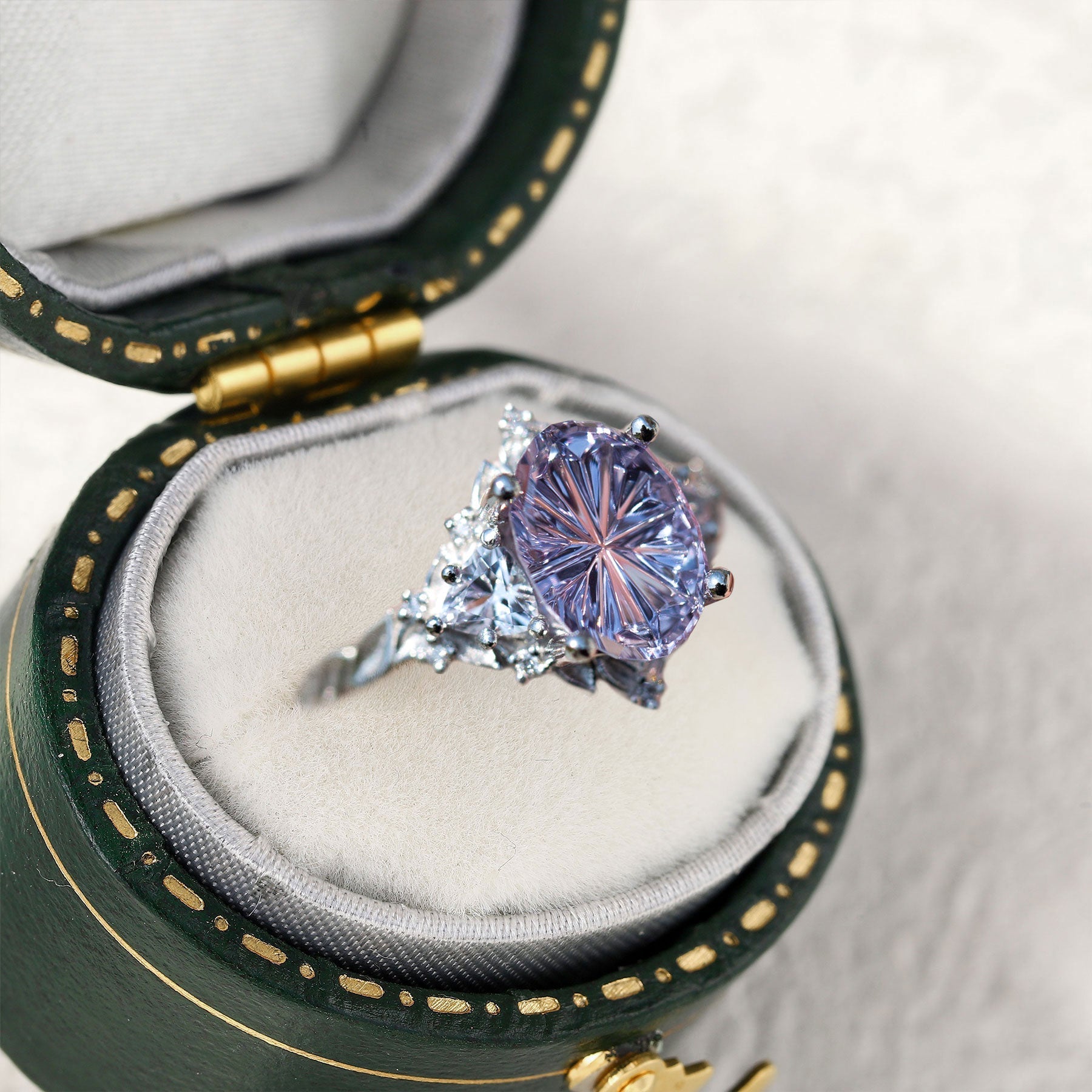 Vintage Briar Rose Three Stone Oval Purple Lab Sapphire 10k white gold Ring