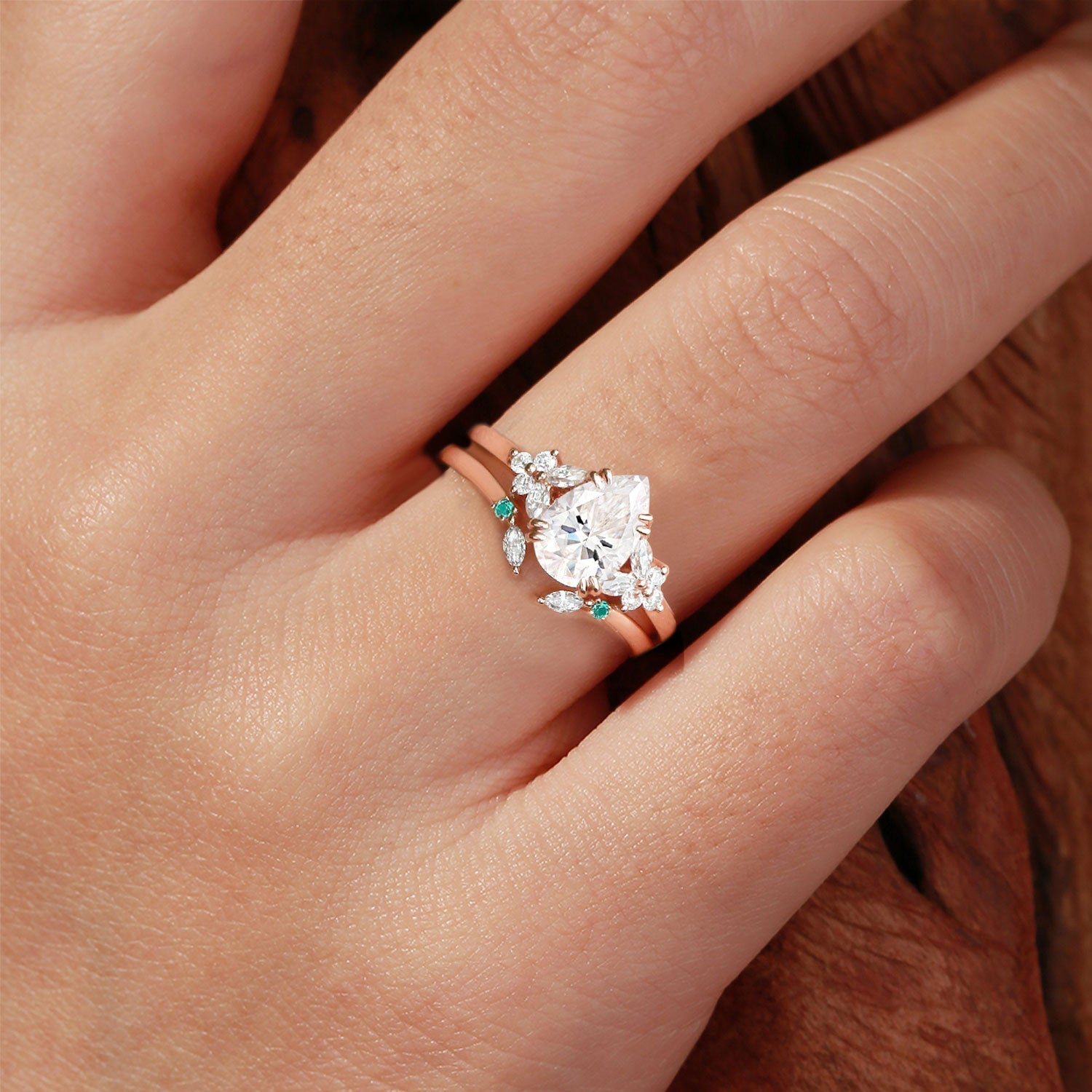 Unique Cluster Pear Moissanite 18K Rose Gold Chevron Ring Set