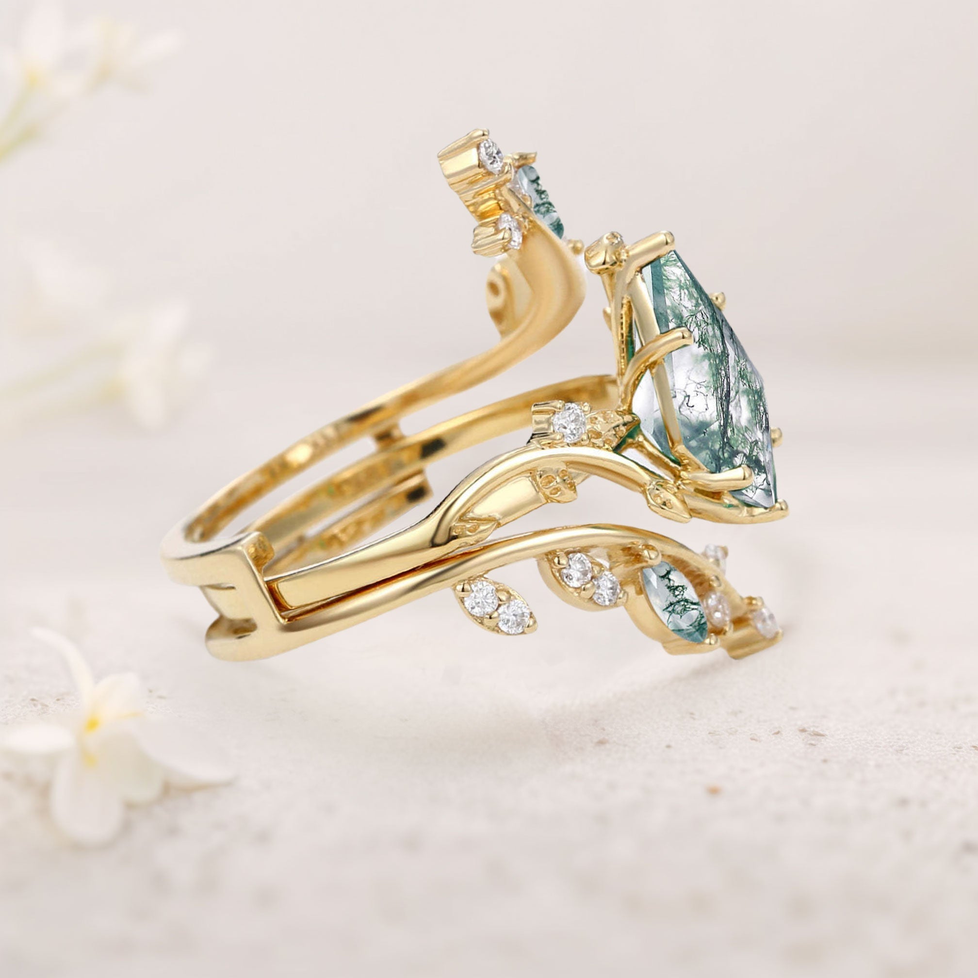 Unique floral engagement rings Kite Moss Agate Cage Leafy 18K Yellow Gold Engagement Ring Set