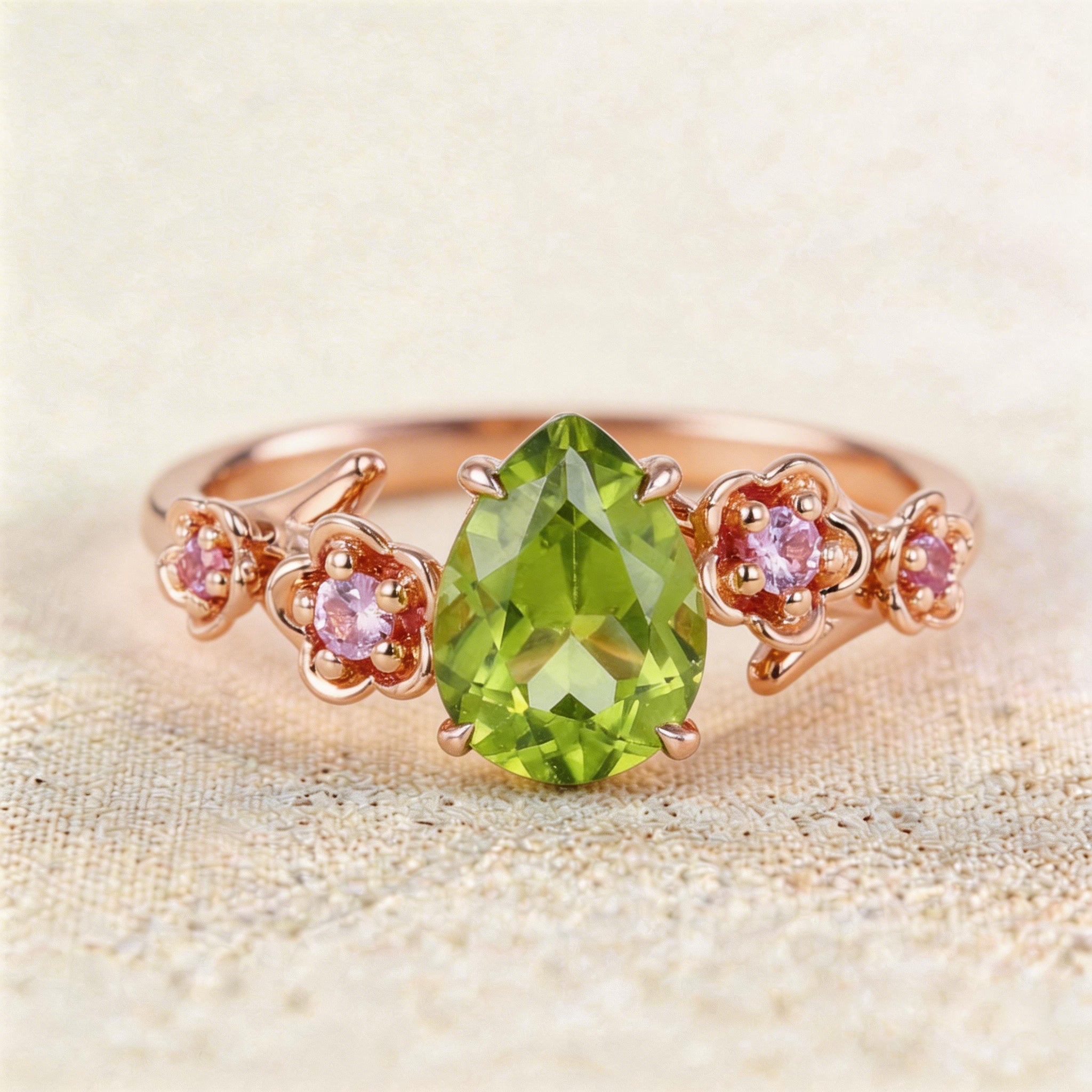 Unique floral engagement rings Pear Peridot Flower Engagement Ring Peridot Halo Leaf Ring - Oore Jewelry