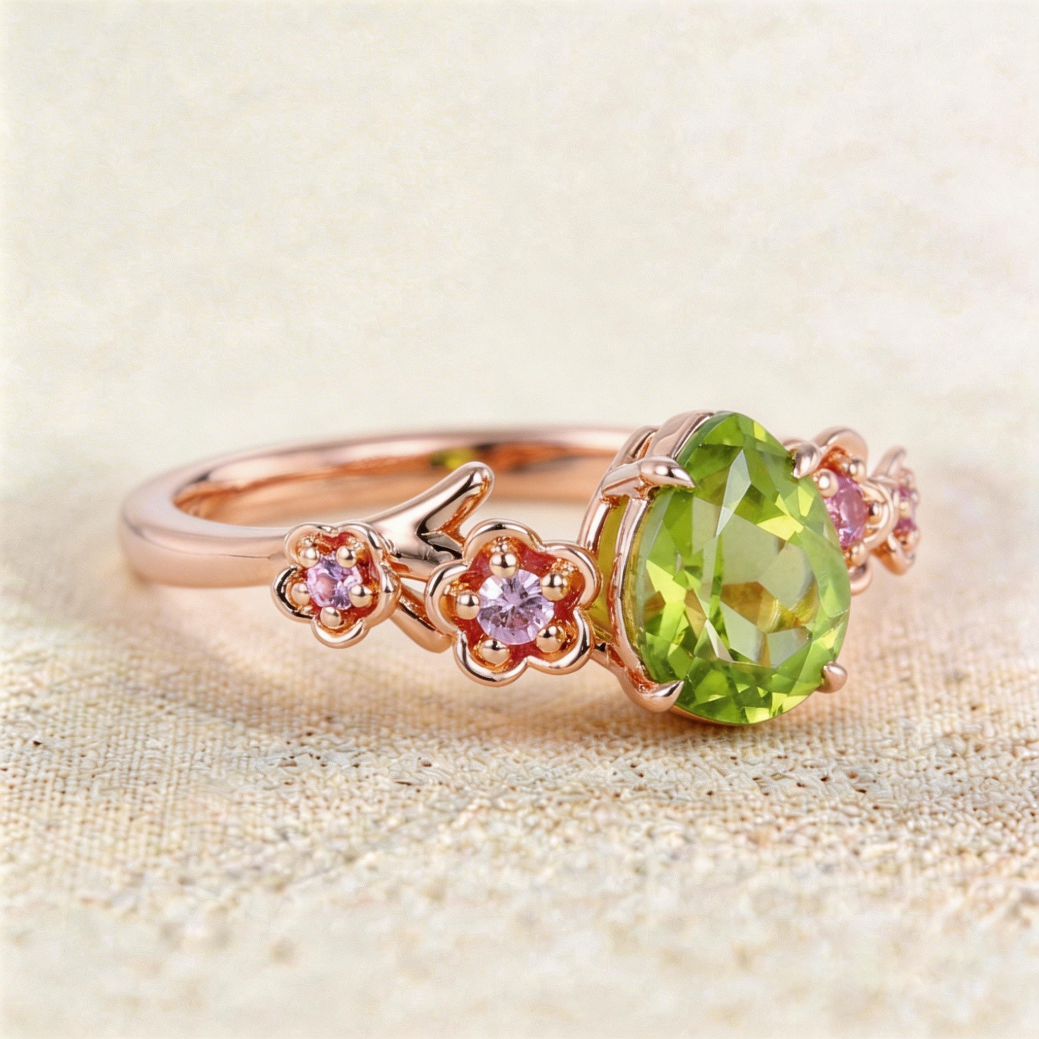 Unique floral engagement rings Pear Peridot Flower Engagement Ring Peridot Halo Leaf Ring - Oore Jewelry