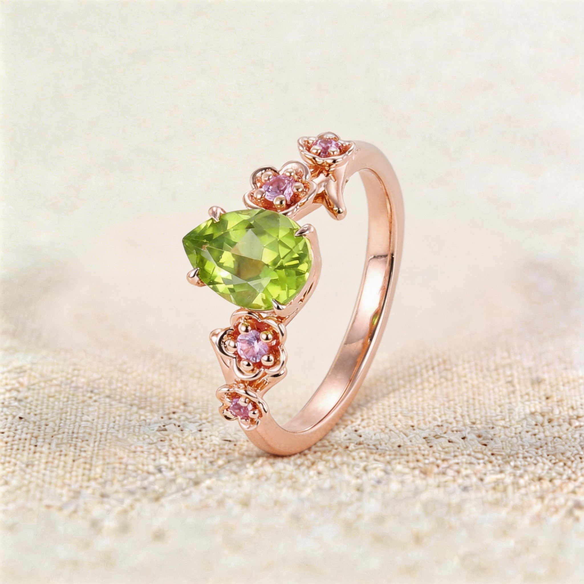Unique floral engagement rings Pear Peridot Flower Engagement Ring Peridot Halo Leaf Ring - Oore Jewelry