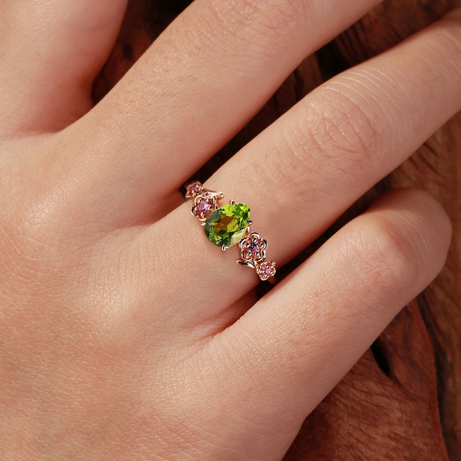 Unique floral engagement rings Pear Peridot Flower Engagement Ring Peridot Halo Leaf Ring - Oore Jewelry
