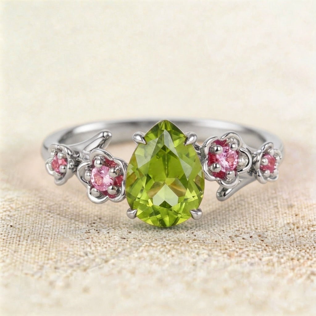 Unique floral engagement rings Pear Peridot Flower Engagement Ring Peridot Halo Leaf Ring - Oore Jewelry