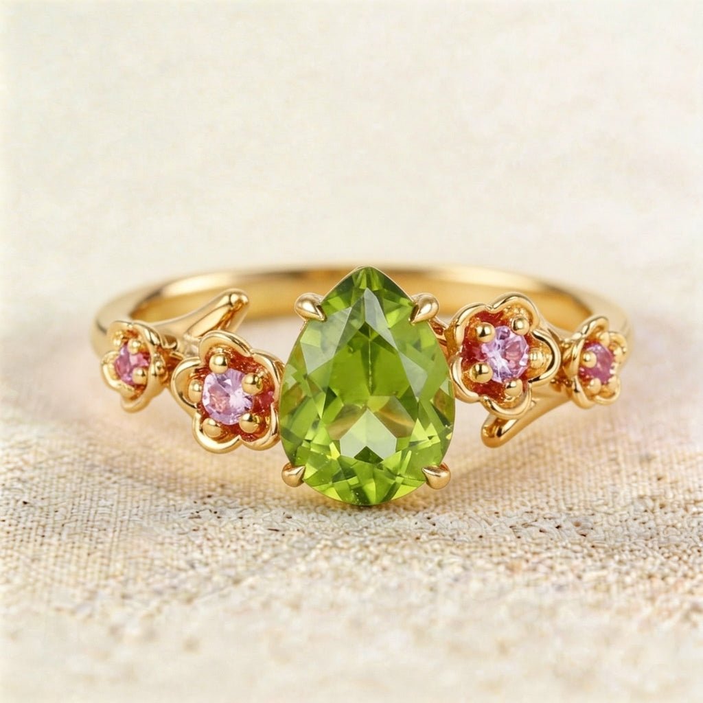 Unique floral engagement rings Pear Peridot Flower Engagement Ring Peridot Halo Leaf Ring - Oore Jewelry