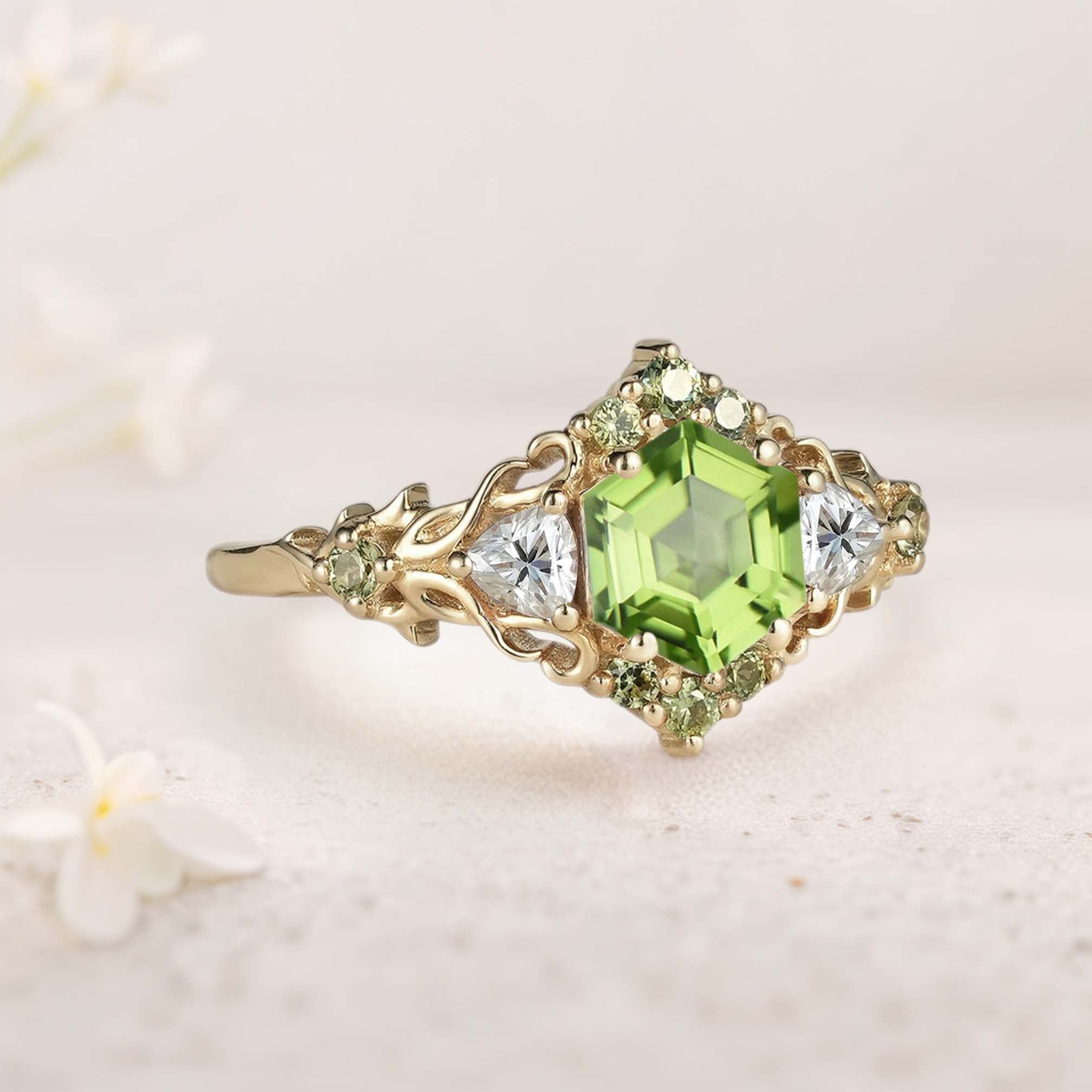Unique Floral Three Stone Hexagon Peridot Leaf 18K Yellow Gold Ring