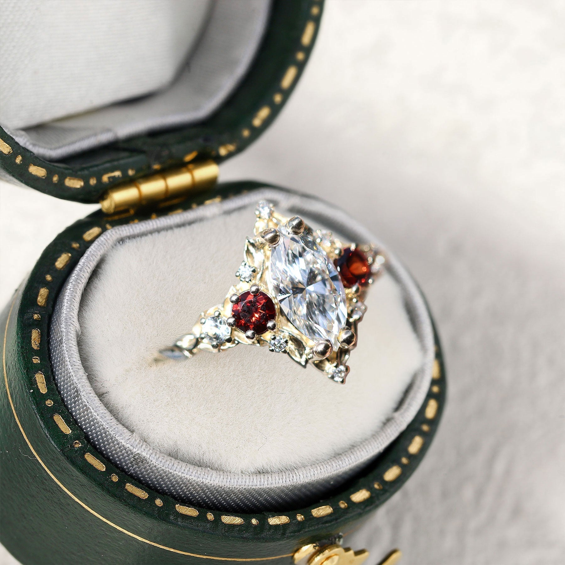 Unique Briar Rose Three Stone Marquise Moissanite and Lab Ruby 18K Yellow Gold Ring