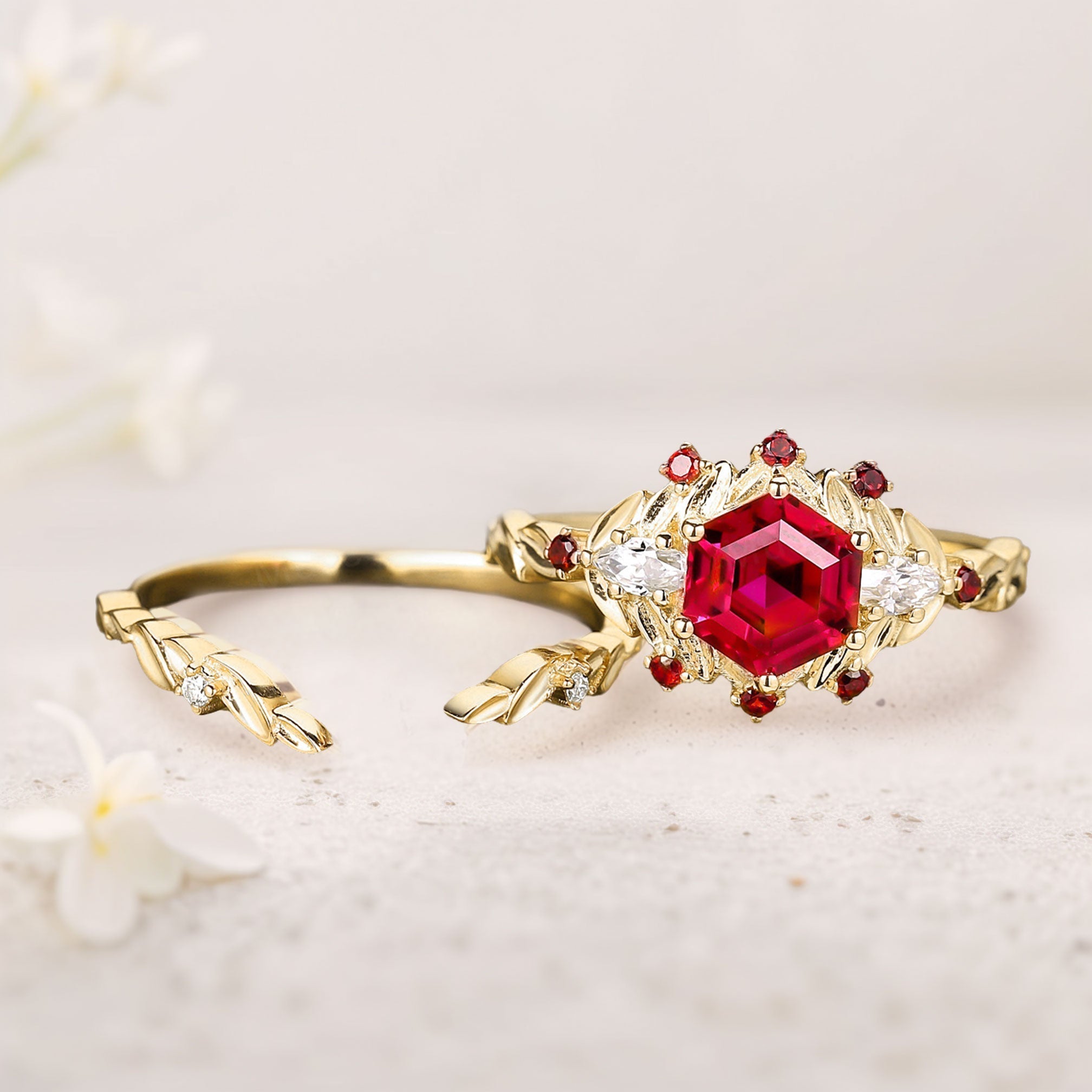 Unique floral engagement rings Hexagon Lab Ruby 18K Yellow Gold Engagement Ring set Promise Proposal Ring set
