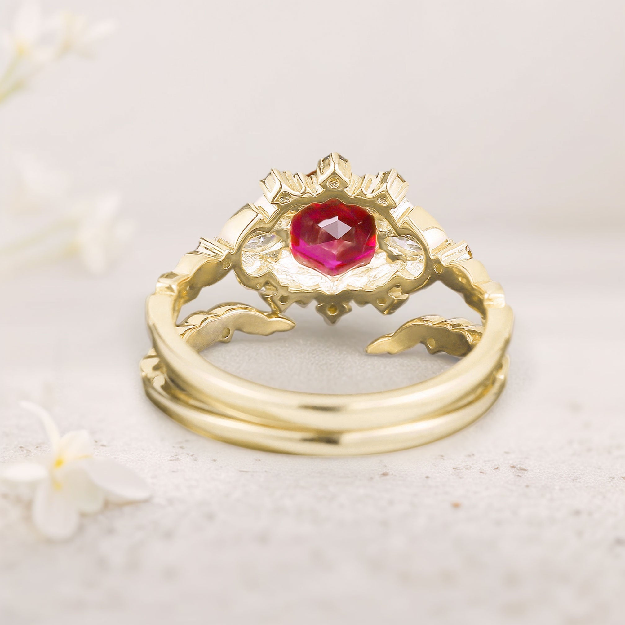 Unique floral engagement rings Hexagon Lab Ruby 18K Yellow Gold Engagement Ring set Promise Proposal Ring set