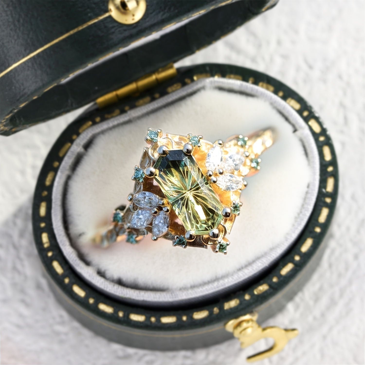 Unique Fairy Hexagon Green Lab Sapphire 14k yellow gold Engagement Ring