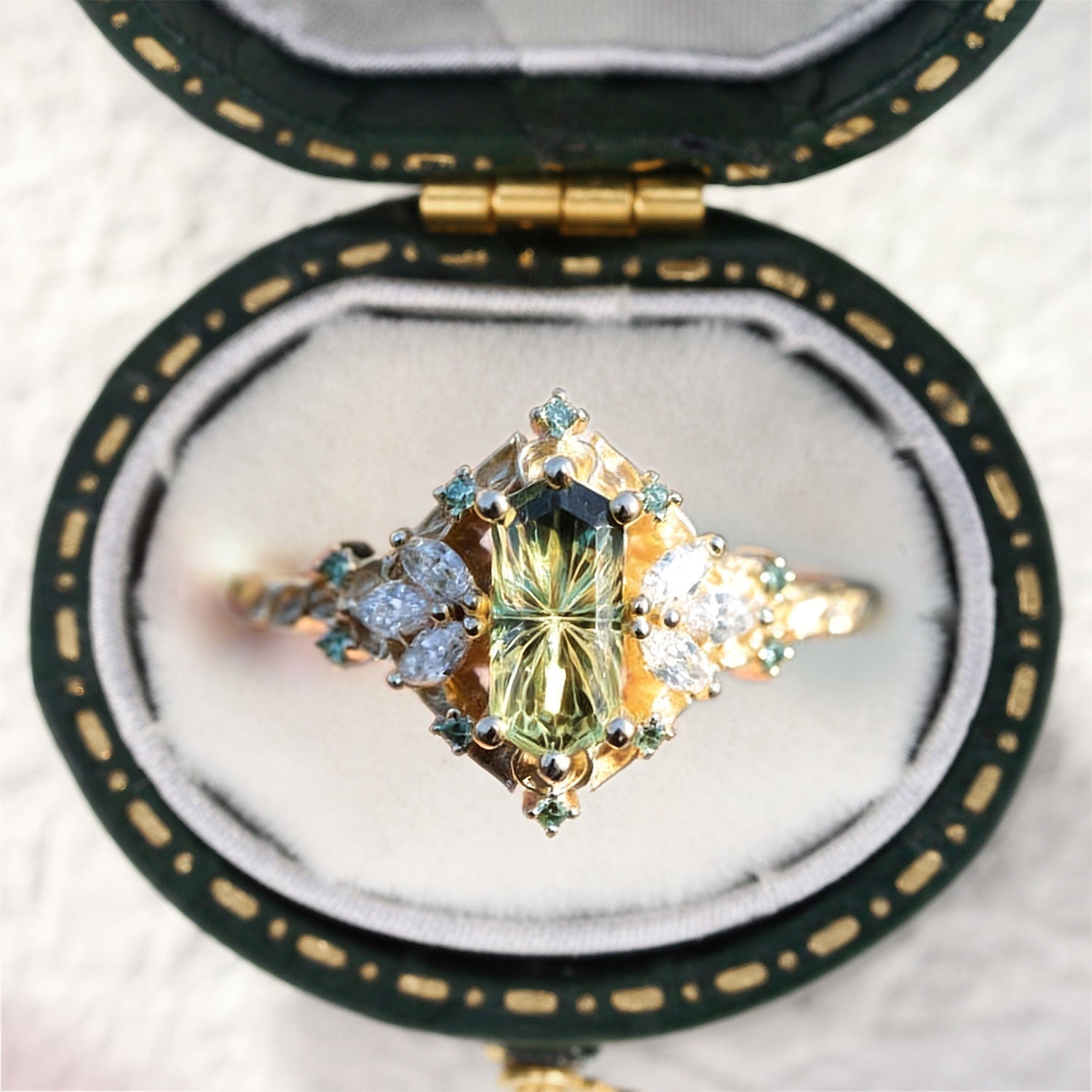 Unique Fairy Hexagon Green Lab Sapphire 14k yellow gold Engagement Ring