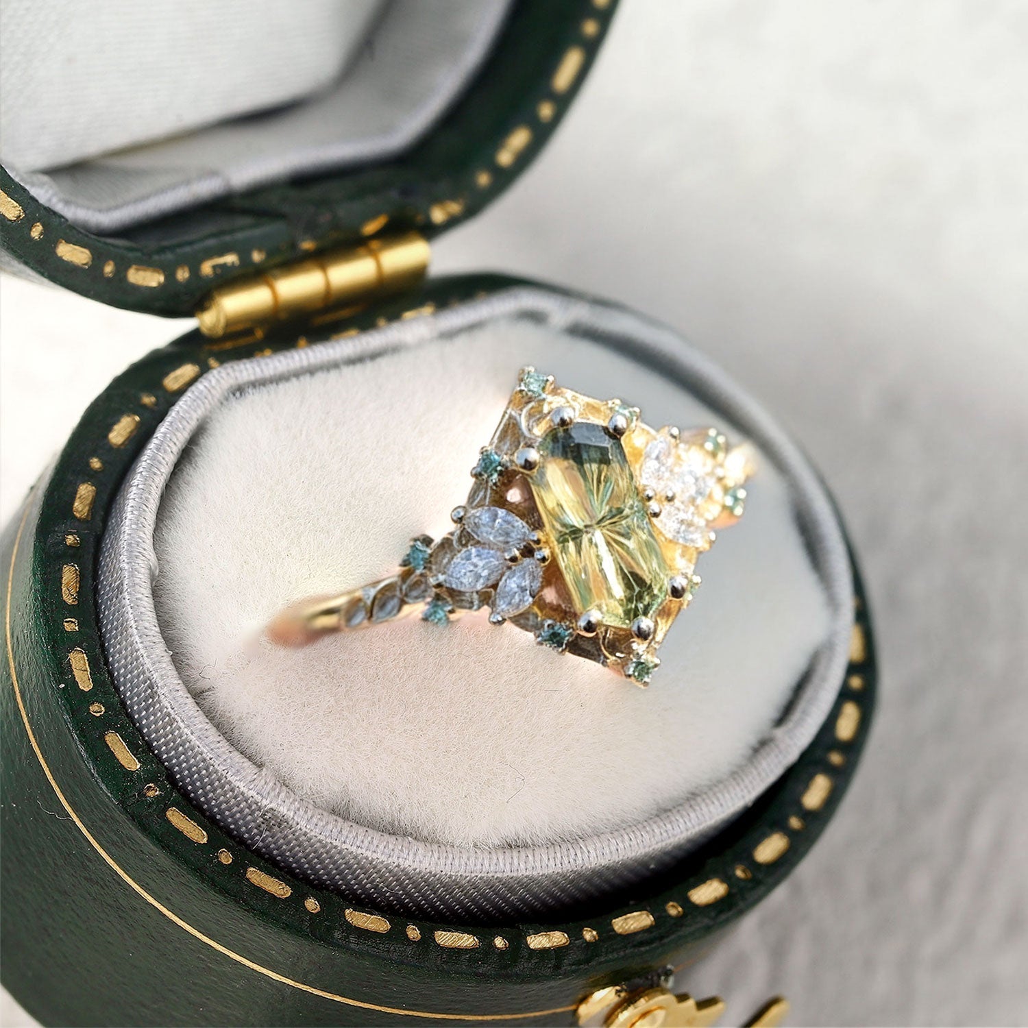 Unique Fairy Hexagon Green Lab Sapphire 14k yellow gold Engagement Ring