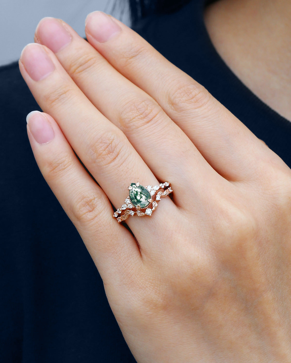 Vintage floral engagement rings Pear Moss Agate Leafy 18K Rose Gold Engagement Ring Set