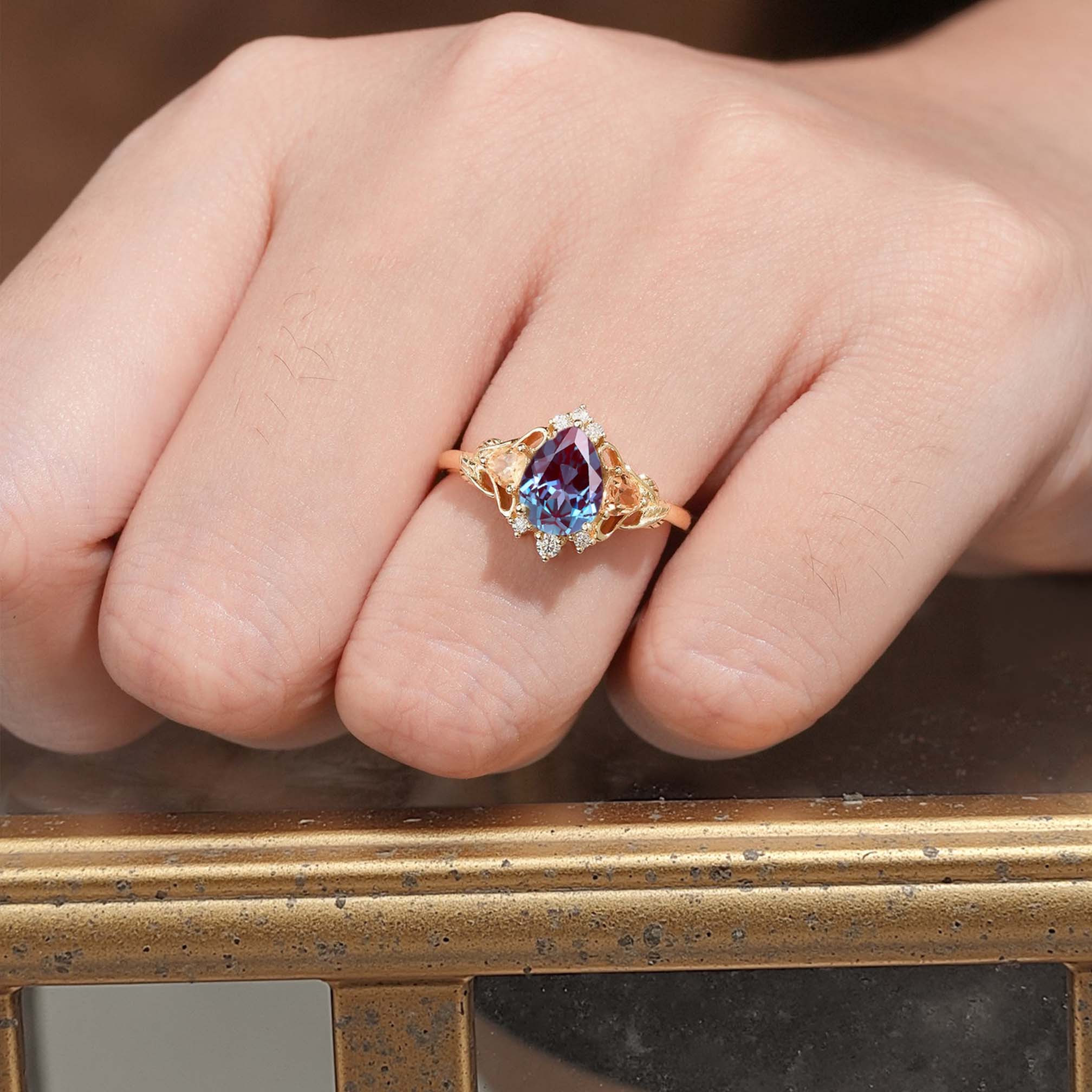Unique Pear Lab Alexandrite Leaf Ring 18K Yellow Gold Engagement Ring