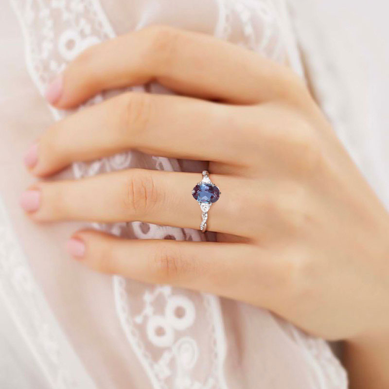 Unique Three Stone Oval Lab Alexandrite Ring 18K White Gold Engagement Ring