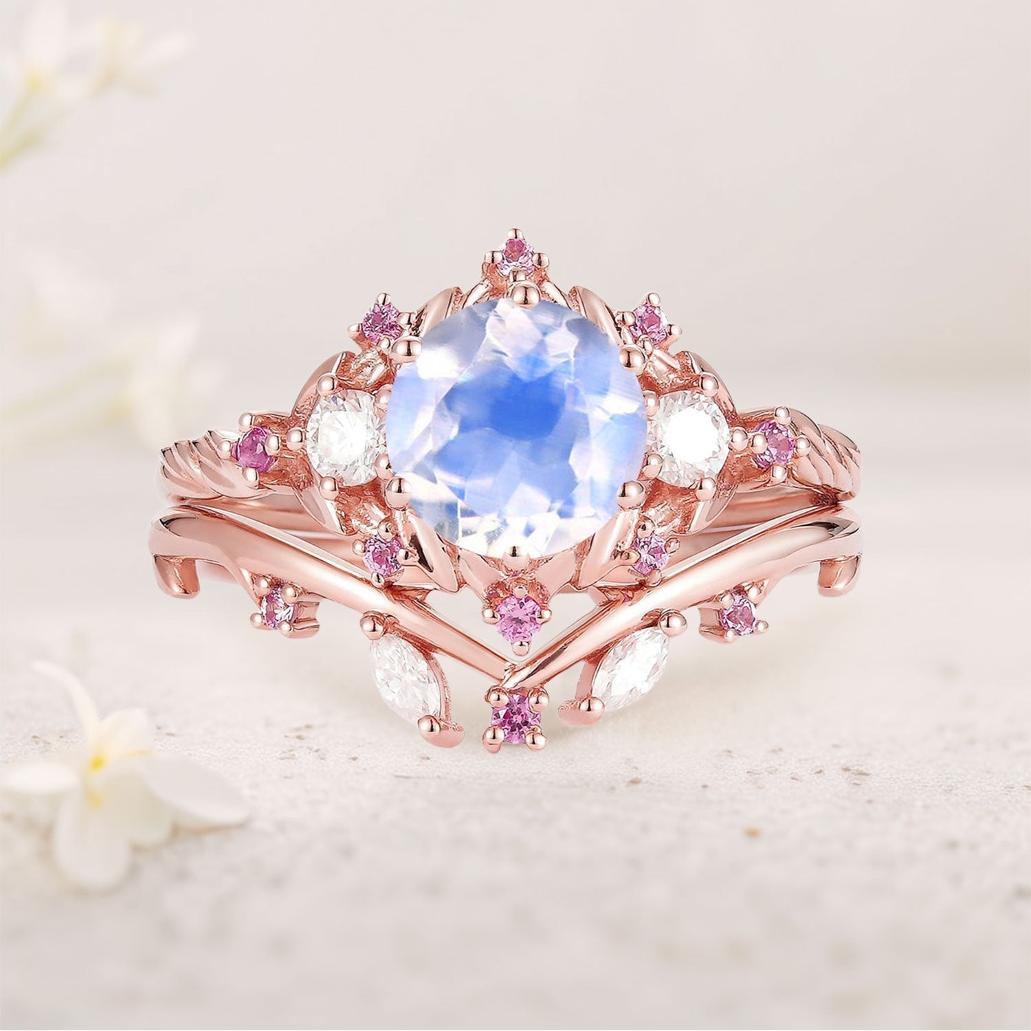 Unique floral engagement rings Round Lab Moonstone and Moissanite 18K Rose Gold Ring Set