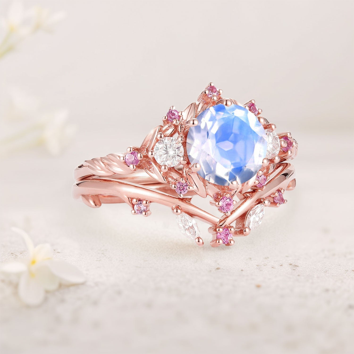 Unique floral engagement rings Round Lab Moonstone and Moissanite 18K Rose Gold Ring Set