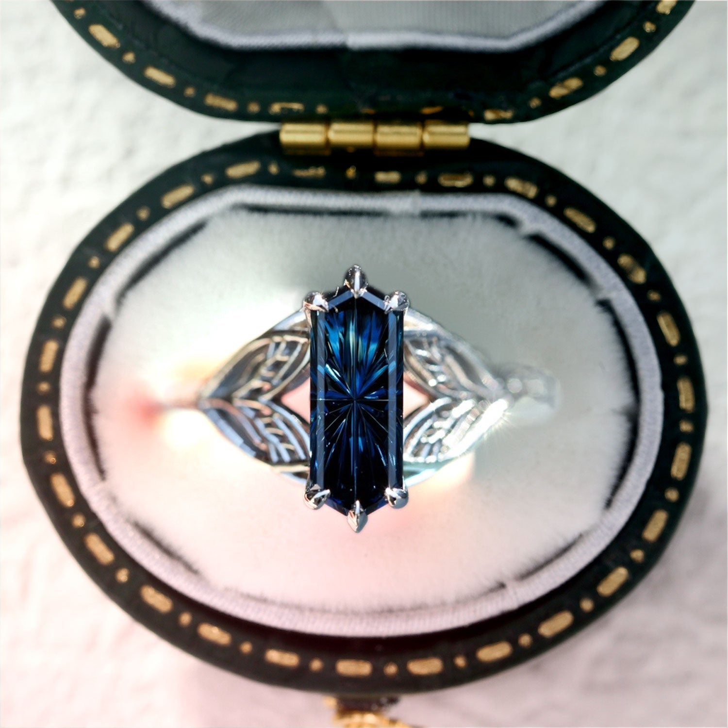 Unique Starlight Oval Blue Lab Sapphire 14k white gold Engagement Ring
