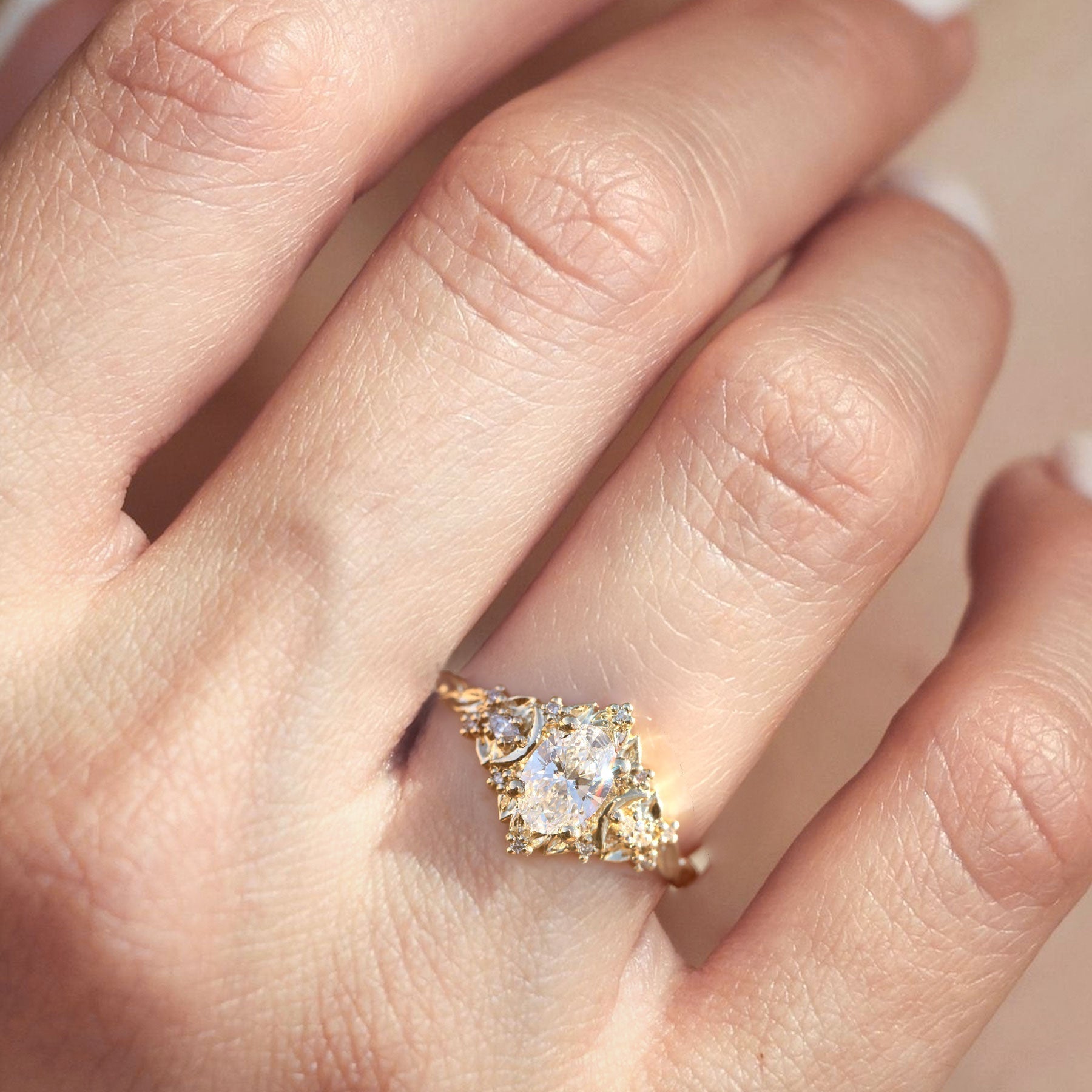 Unique Briar Moon Three Stone Oval Moissanite Engagement Ring - Orlina Jewelry