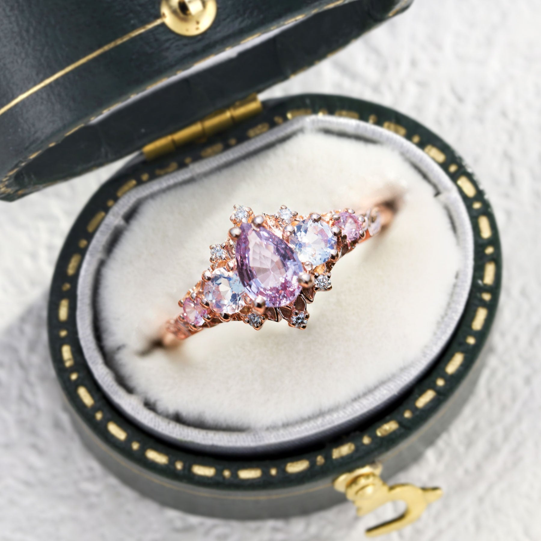 Unique Briar Rose Five Stone Pear Padparadscha and Moonstone Ring - Orlina Jewelry
