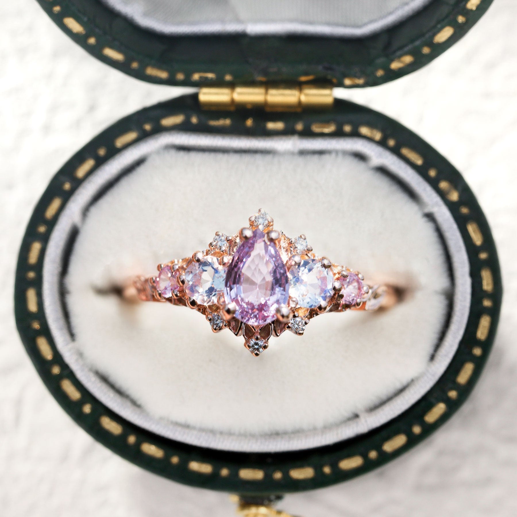 Unique Briar Rose Five Stone Pear Padparadscha and Moonstone Ring - Orlina Jewelry