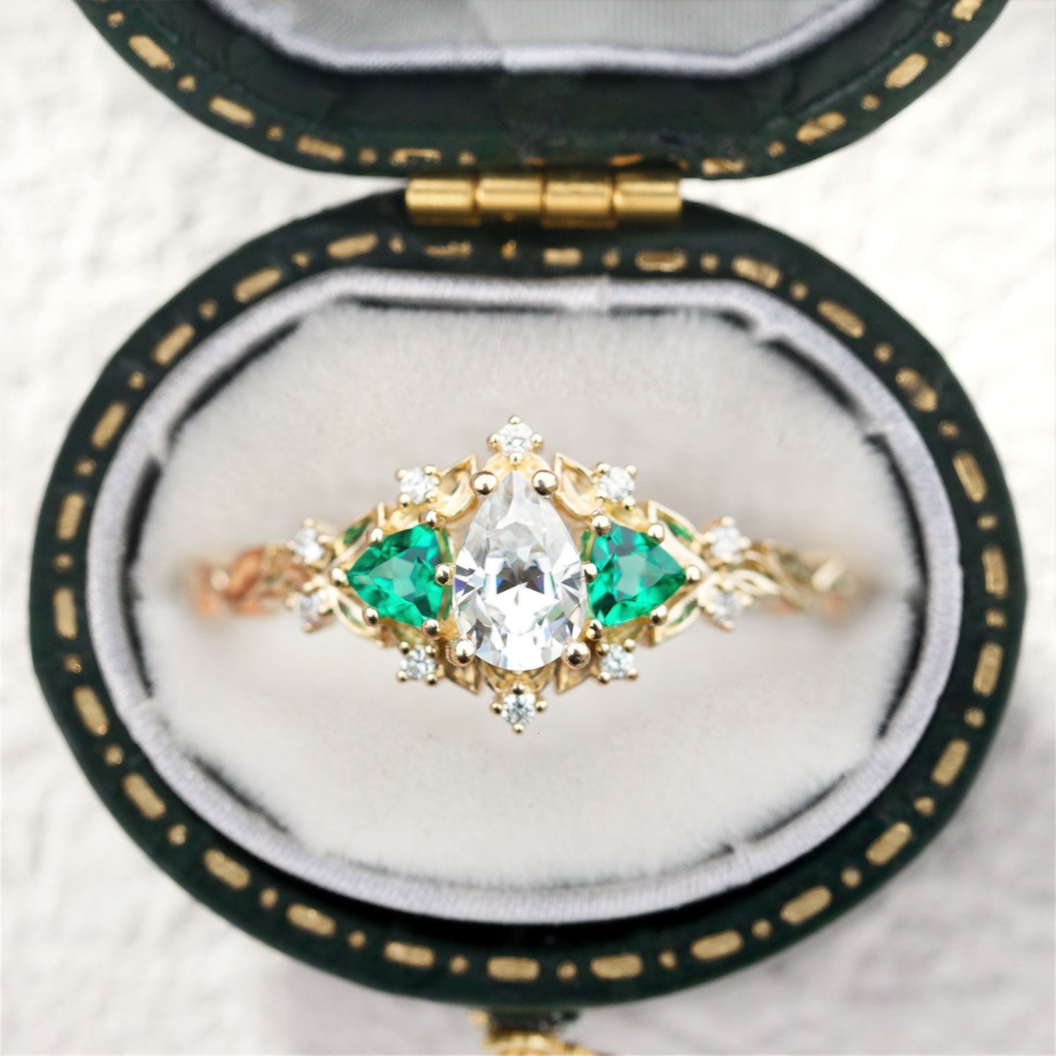 Unique Briar Rose Pear Moissanite and Emerald Ring - Orlina Jewelry