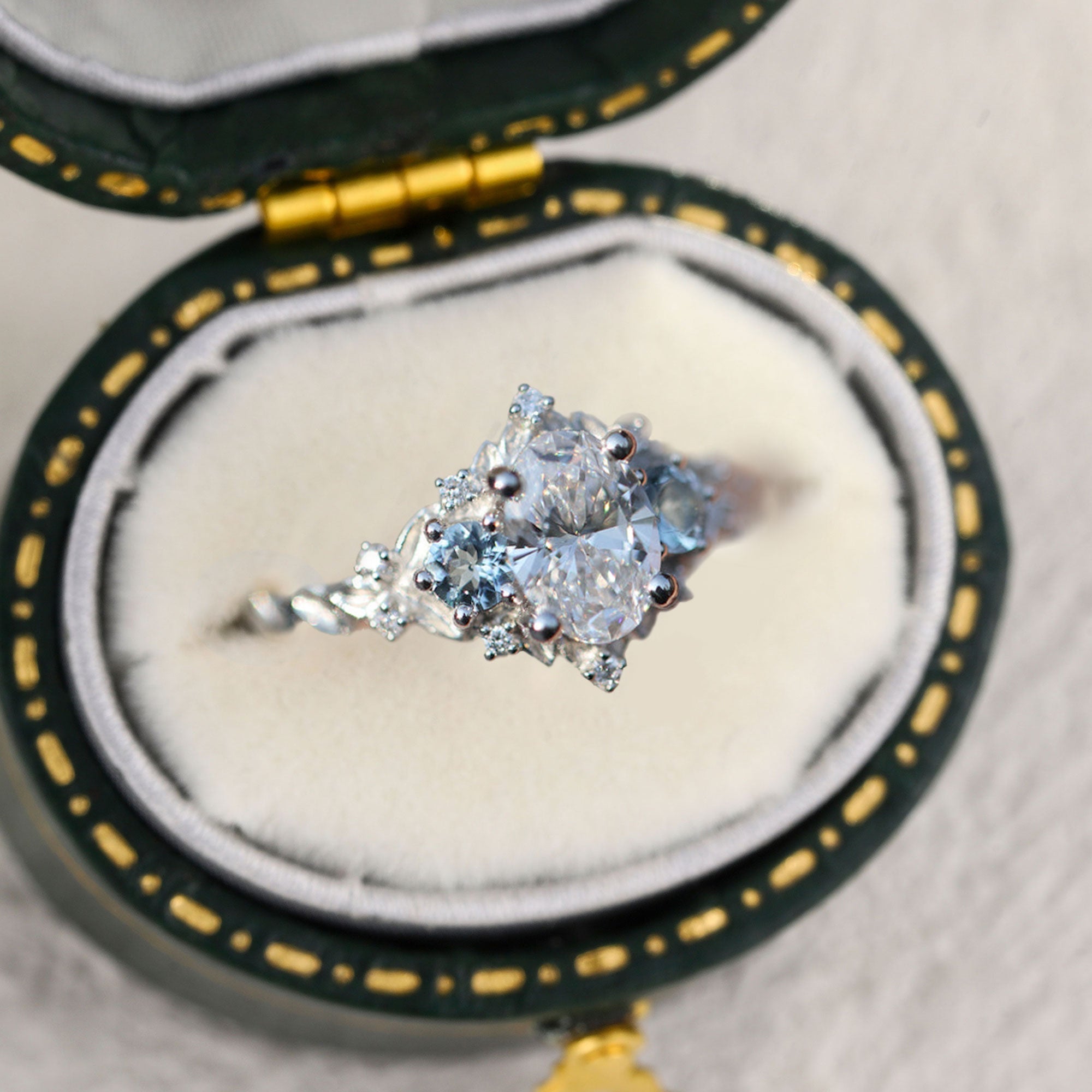 Unique Briar Rose Three Stone Oval Lab Grown Diamond and Aquamarine Ring - Orlina Jewelry