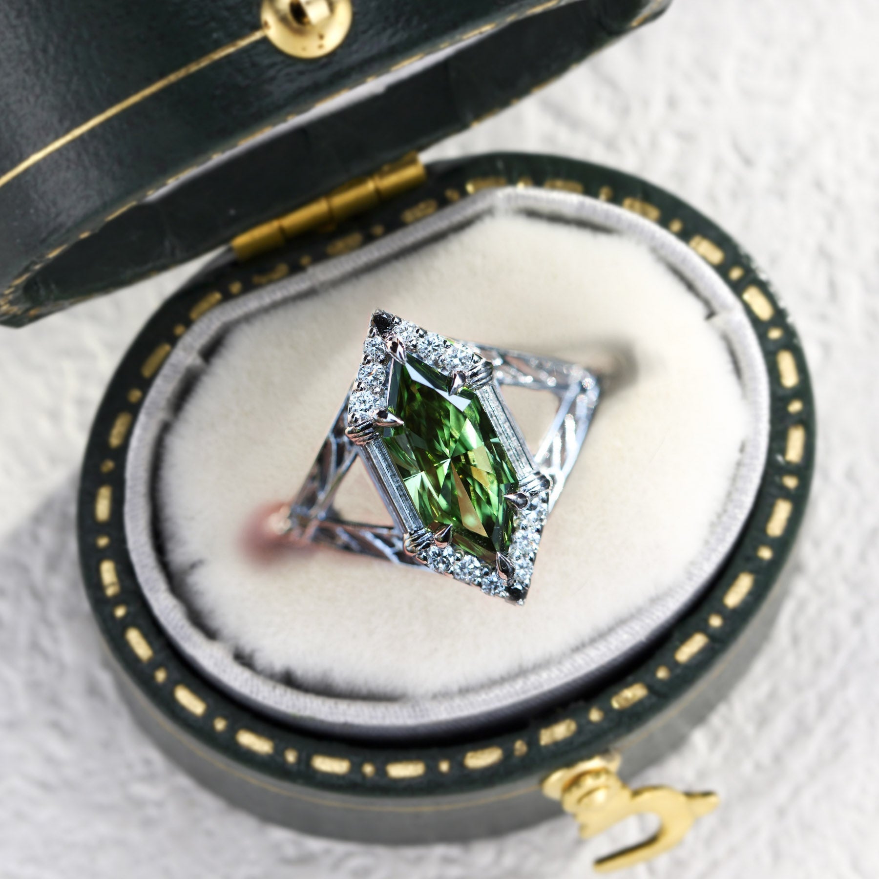 Unique Hexagon Cut Green Lab Sapphire Engagement Ring - Orlina Jewelry