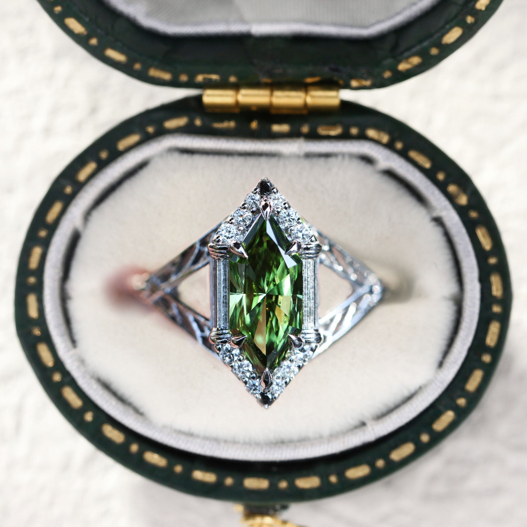 Unique Hexagon Cut Green Lab Sapphire Engagement Ring - Orlina Jewelry