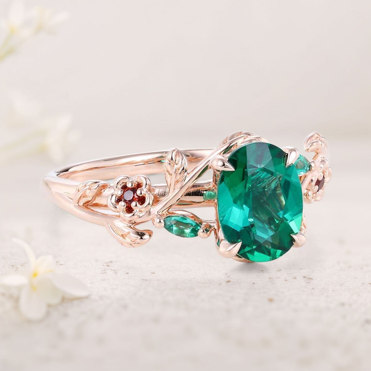 Unique Oval Lab Emerald 18K Yellow Gold Engagement Ring with Lab Ruby Accents