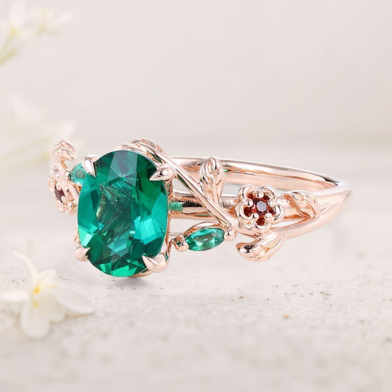 Unique Oval Lab Emerald 18K Yellow Gold Engagement Ring with Lab Ruby Accents
