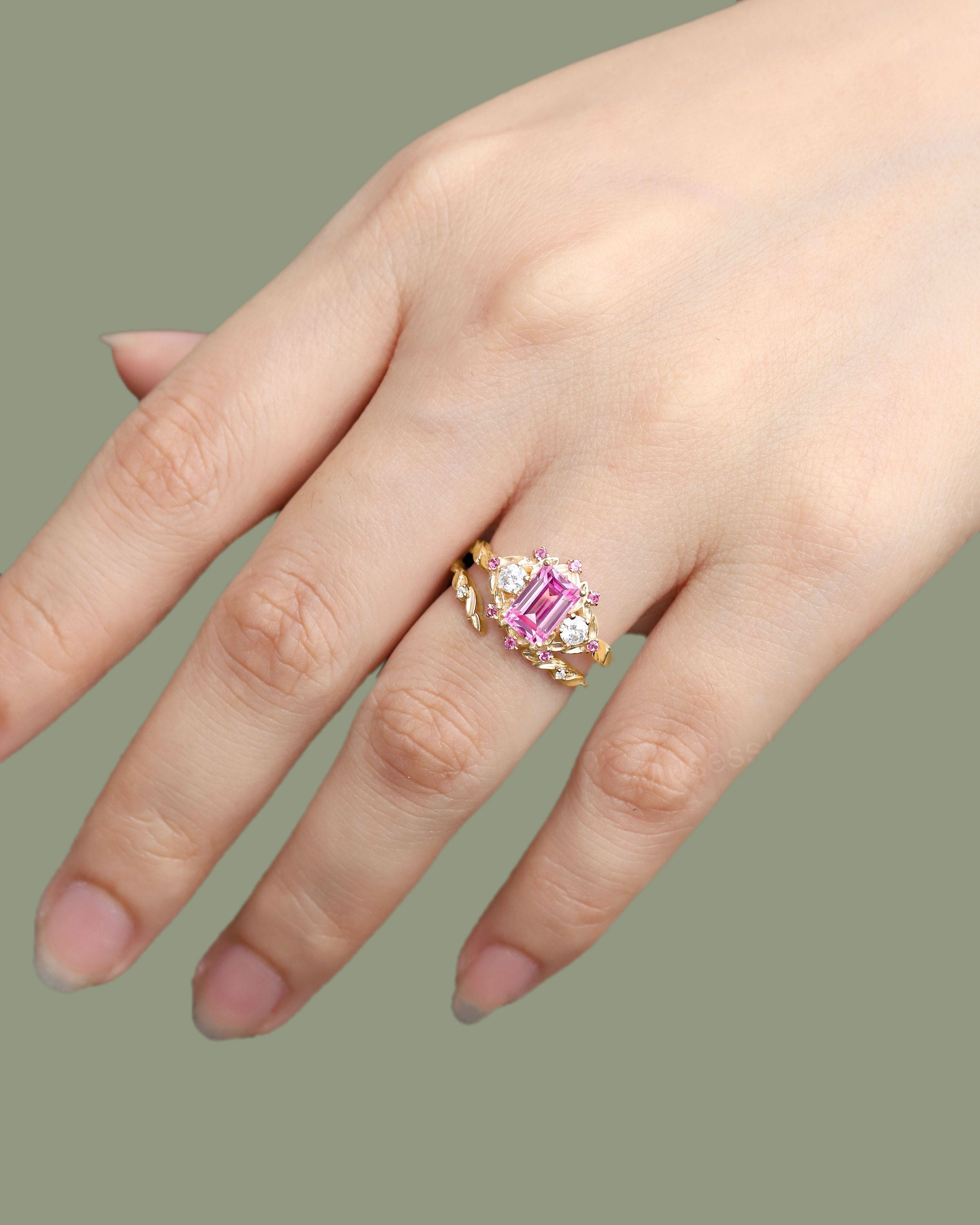 Unique Emerald Cut Lab Padparadscha Floral 18K Yellow Gold Engagement Ring Set